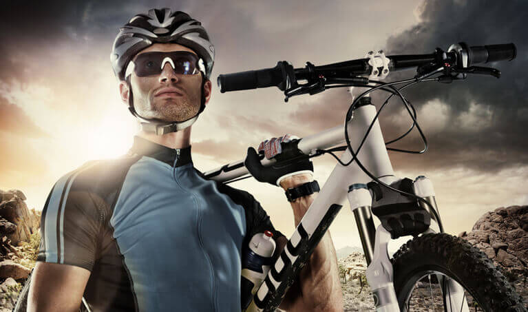 Cyclist wearing polarized sunglasses