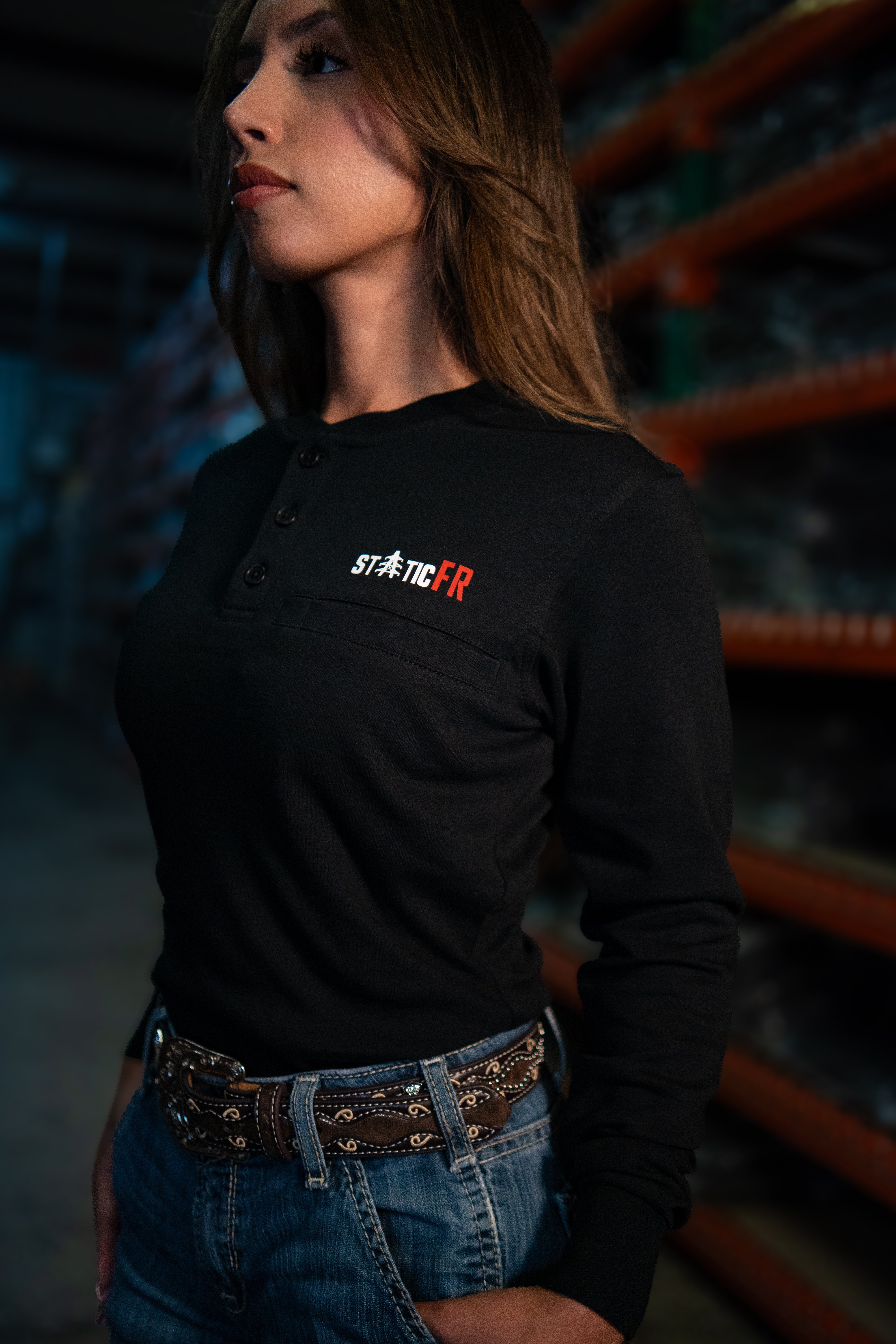 Static FR Women's Flame-Resistant Crew Neck Work Shirt - Black