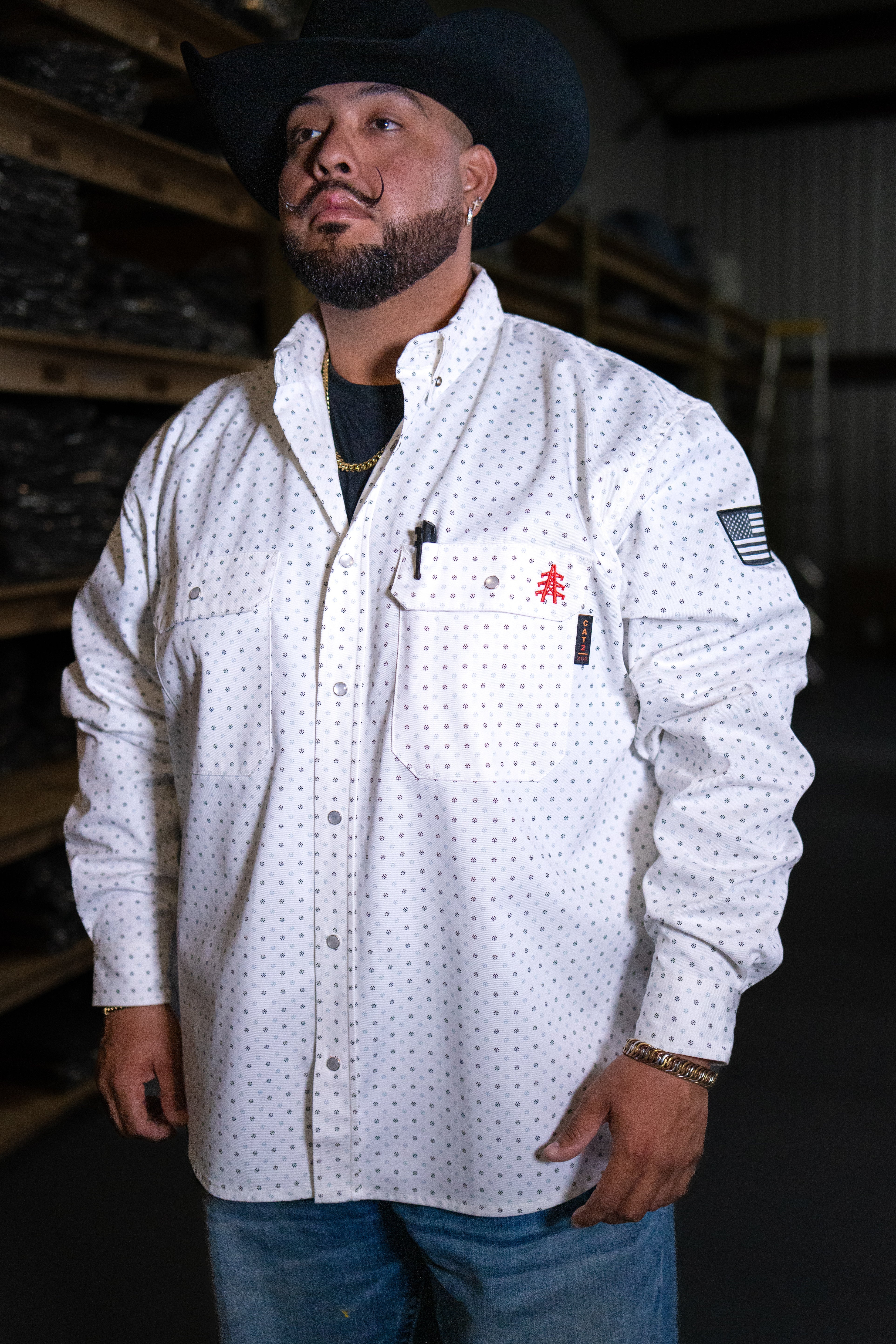 Static FR Flame-Resistant Pearl Snap Work Shirt - Phantom White - With U.S Flag