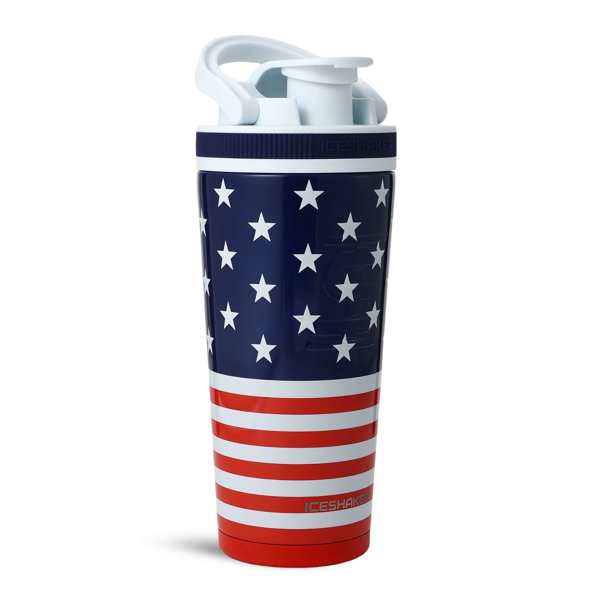 26oz Ice Shaker bottle featuring a red, white, and blue American flag design with a white spill-proof lid.
