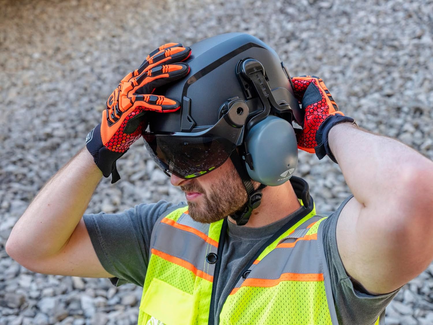 Pyramex SL T2 Safety Helmet Type 2 Non-Vented worn with attached accessories