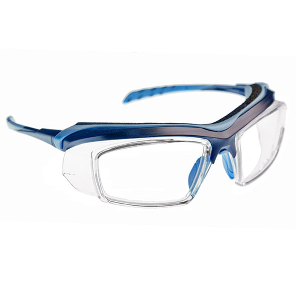Blue ArmouRx 6008 plastic wraparound prescription safety glasses with clear lenses and side shields.