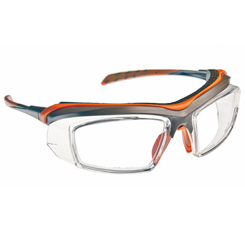 Gray ArmouRx 6008 plastic wraparound prescription safety glasses with orange accents.