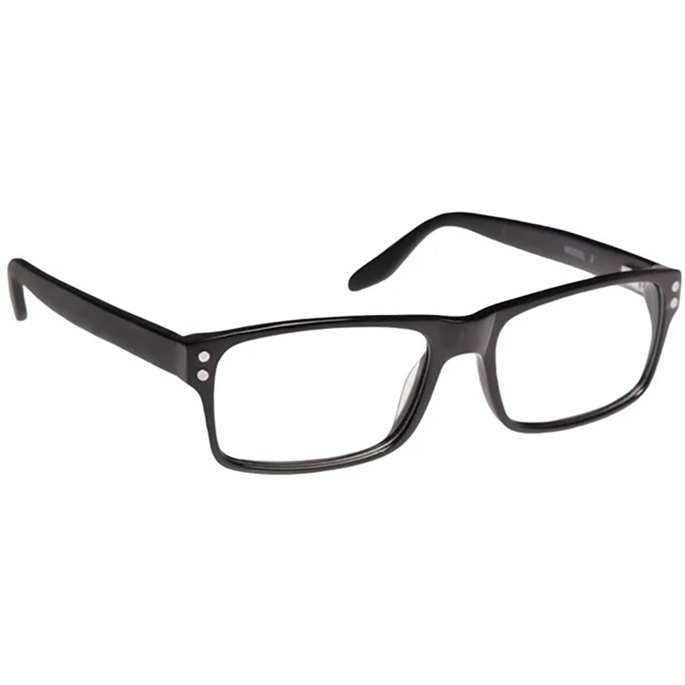 Black rectangular plastic prescription safety glasses with clear lenses and removable side shields.