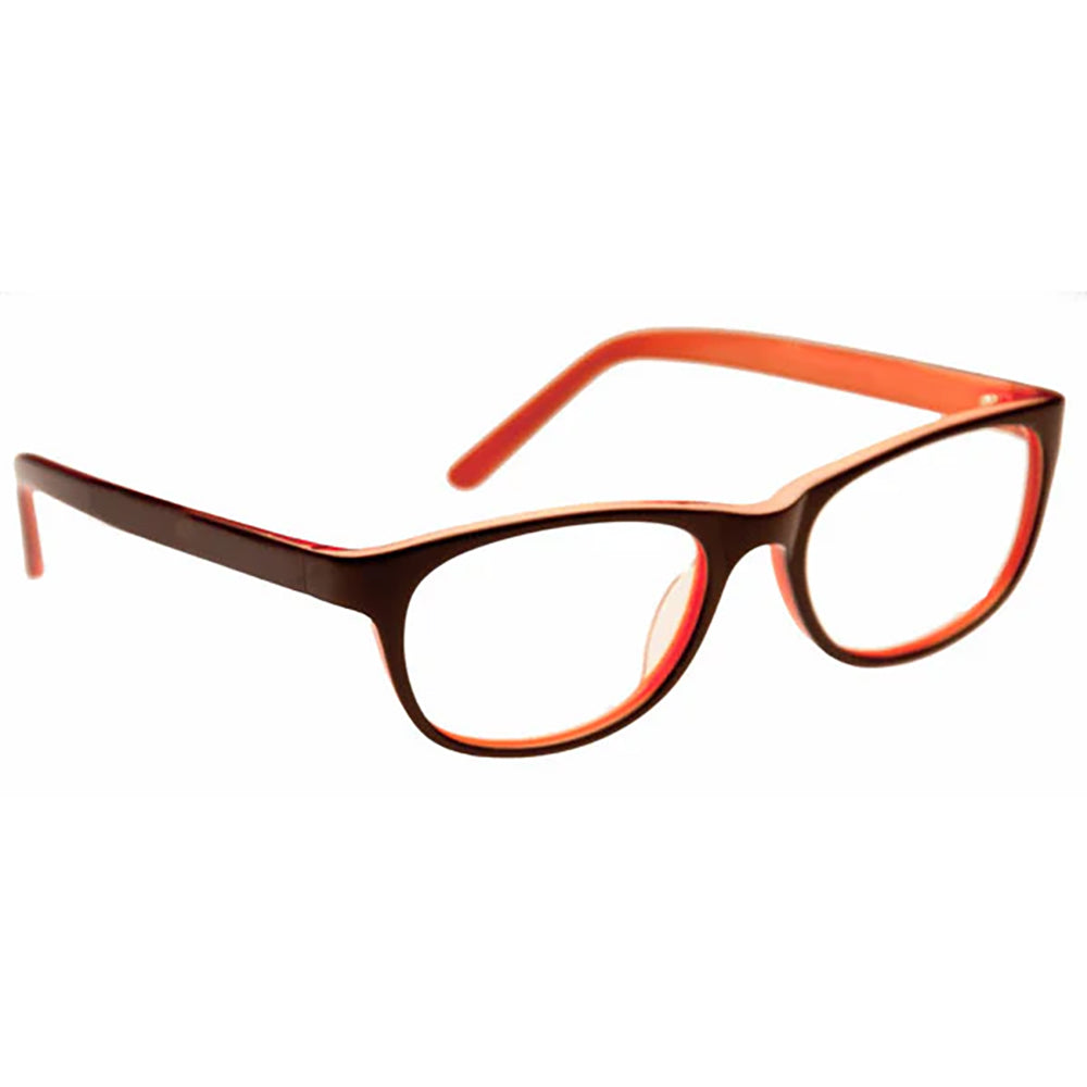 ArmouRx 7106 prescription safety glasses with black and orange plastic frames, saddle bridge, and clear lenses.
