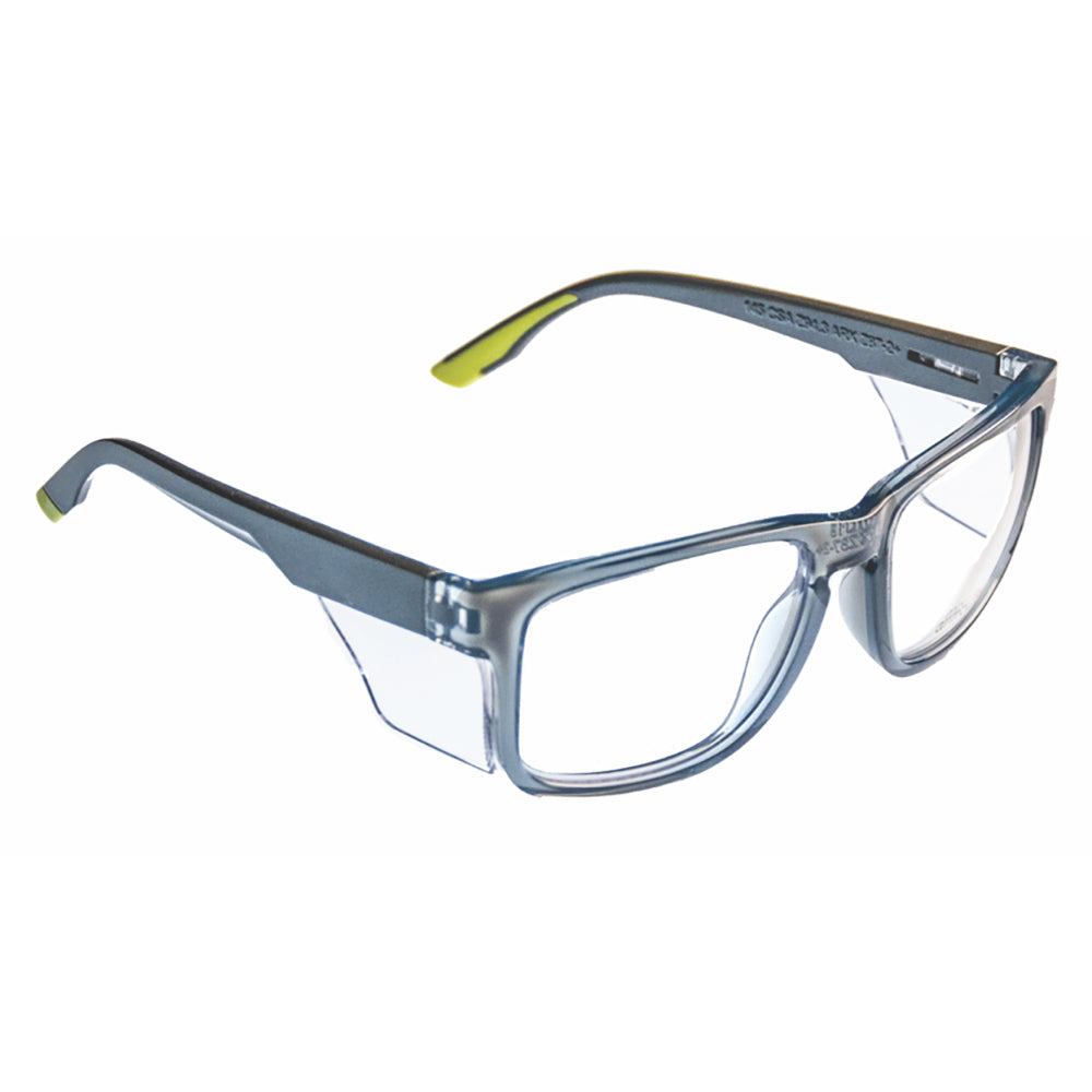 Gray ArmouRx 7501 plastic prescription safety glasses with clear side shields and green temple accents.