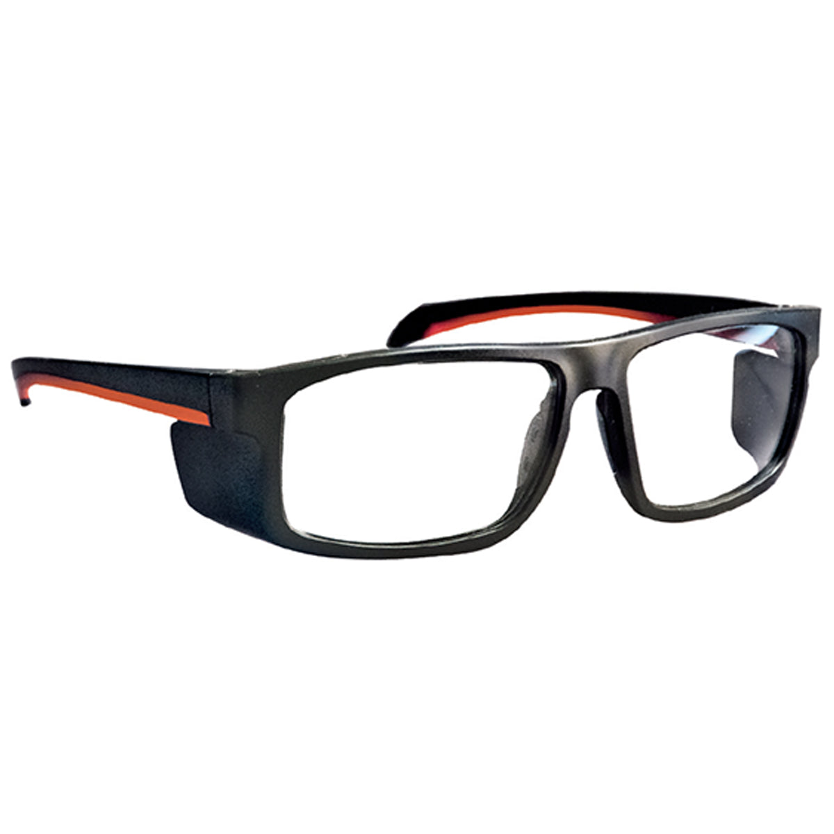 ArmouRx 5003 black plastic full-rim prescription safety glasses with red temple accents and side shields.