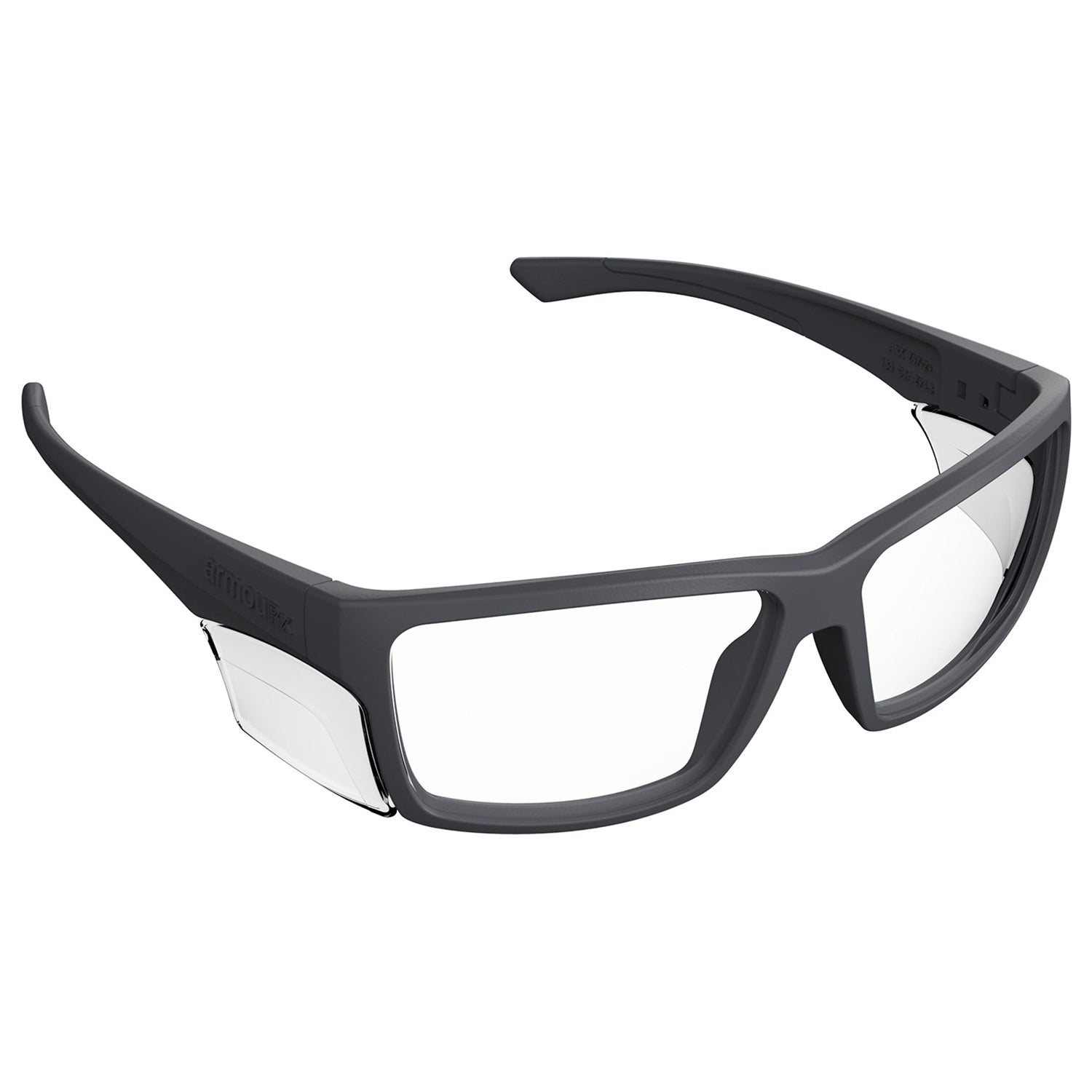 Gray ArmouRx 5004 full-rim wraparound plastic prescription safety glasses with clear side shields.