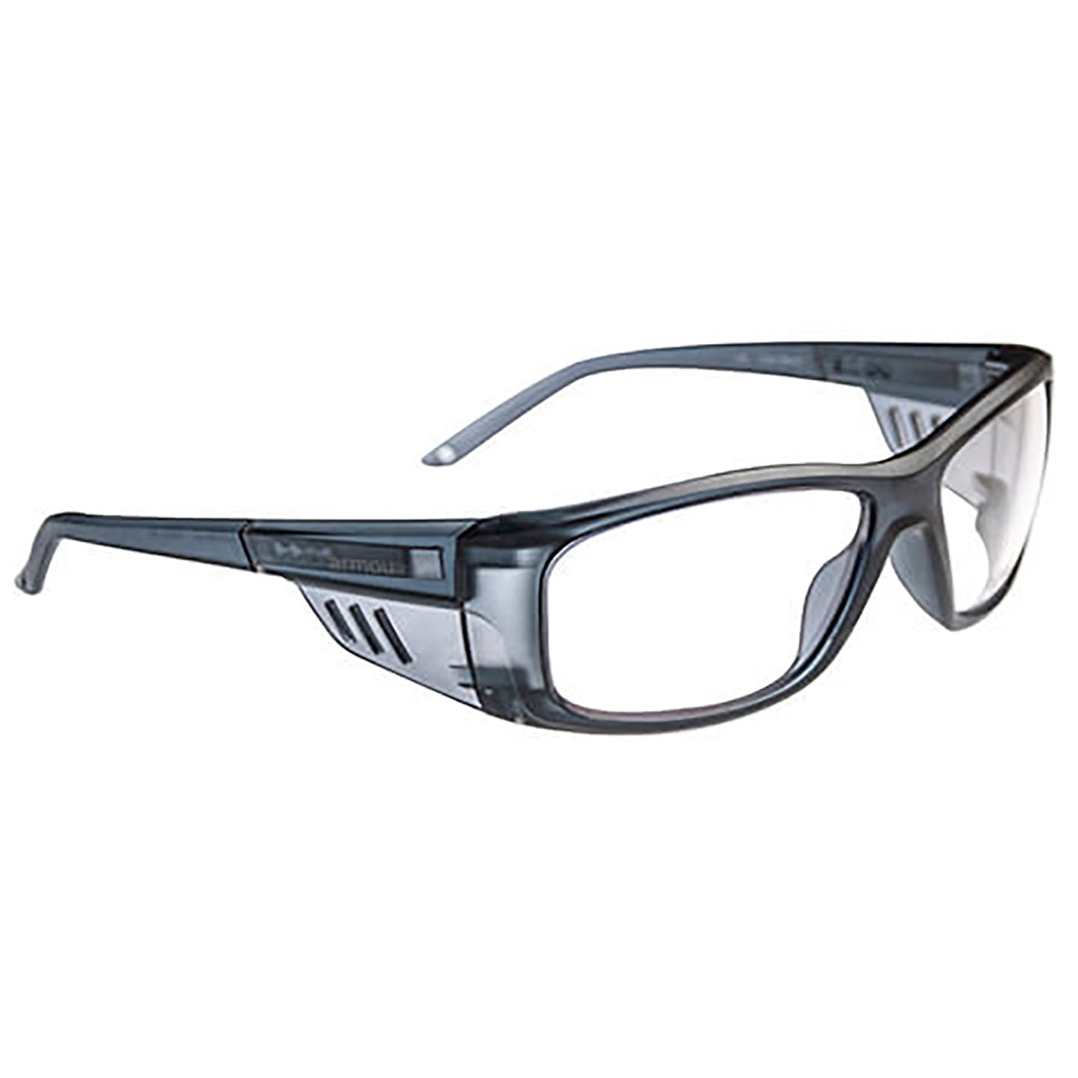 ArmouRx 5007 gray plastic wraparound prescription safety glasses with clear lenses and side shields.