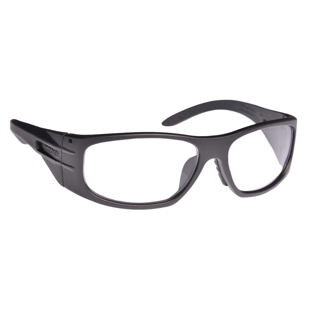 ArmouRx 6001 black plastic full-rim wraparound prescription safety glasses with clear lenses.