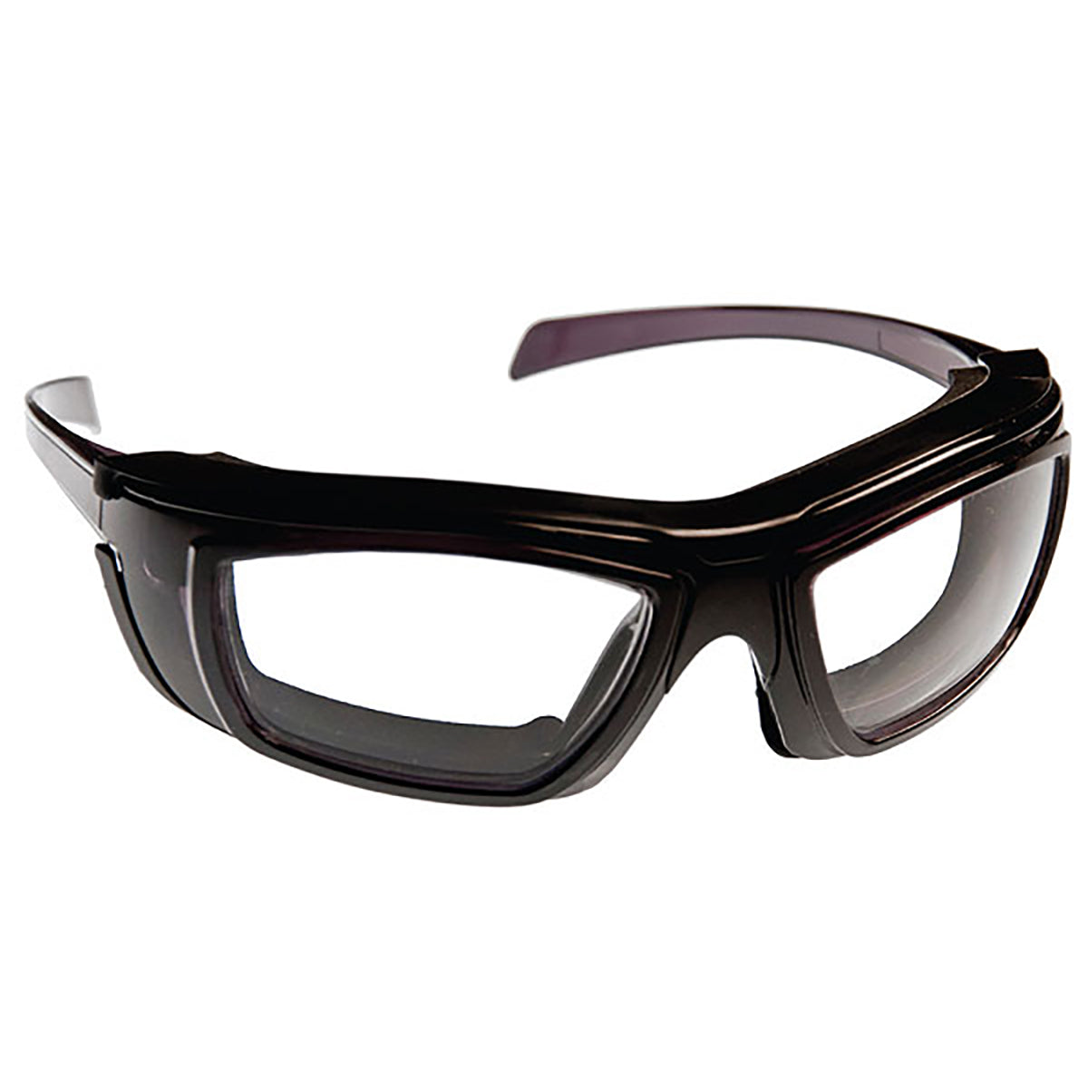 ArmouRx 6005 black plastic wraparound prescription safety glasses, 62-16-120 mm, with clear lenses.