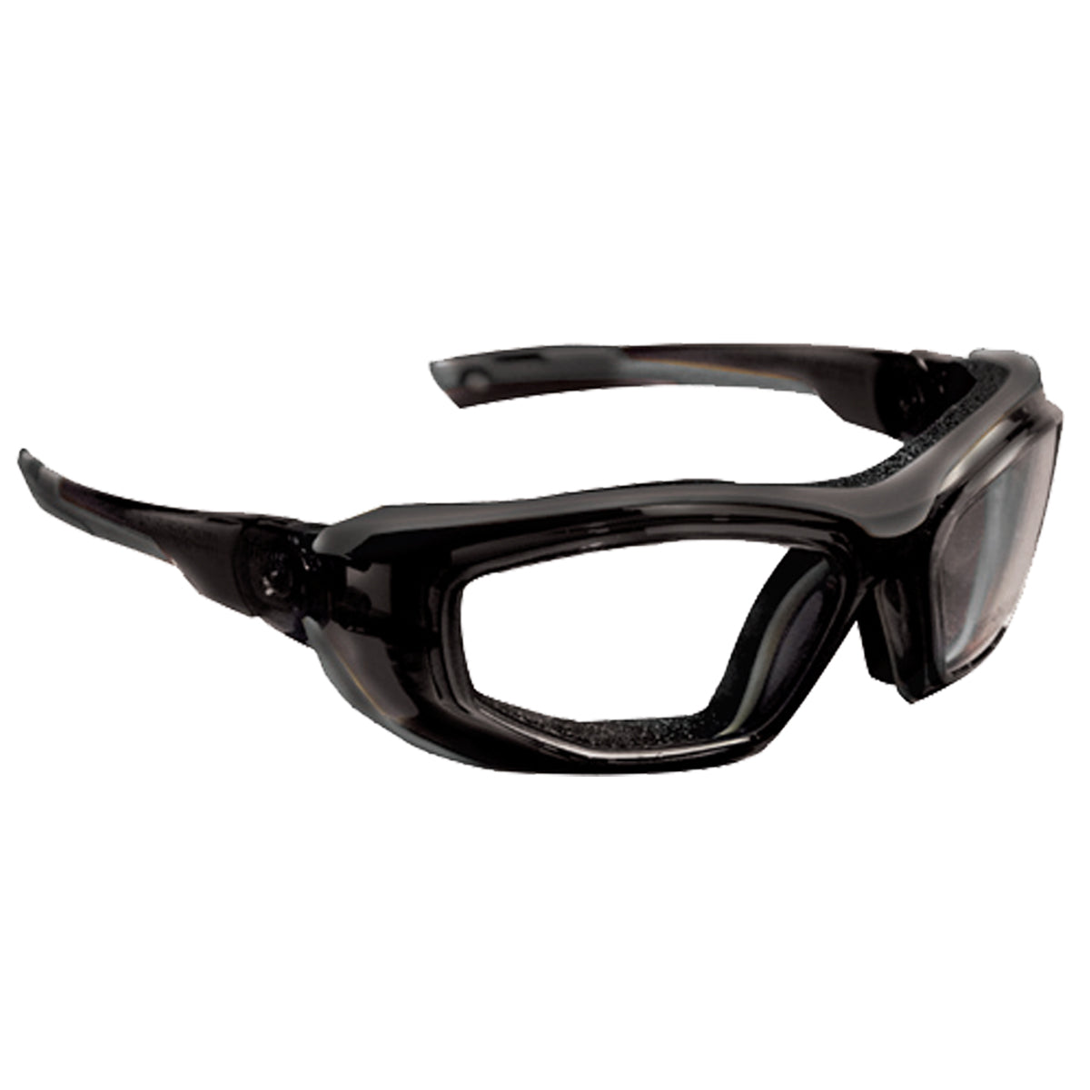 ArmouRx 6007 black plastic full-rim wraparound prescription safety glasses with clear lenses.
