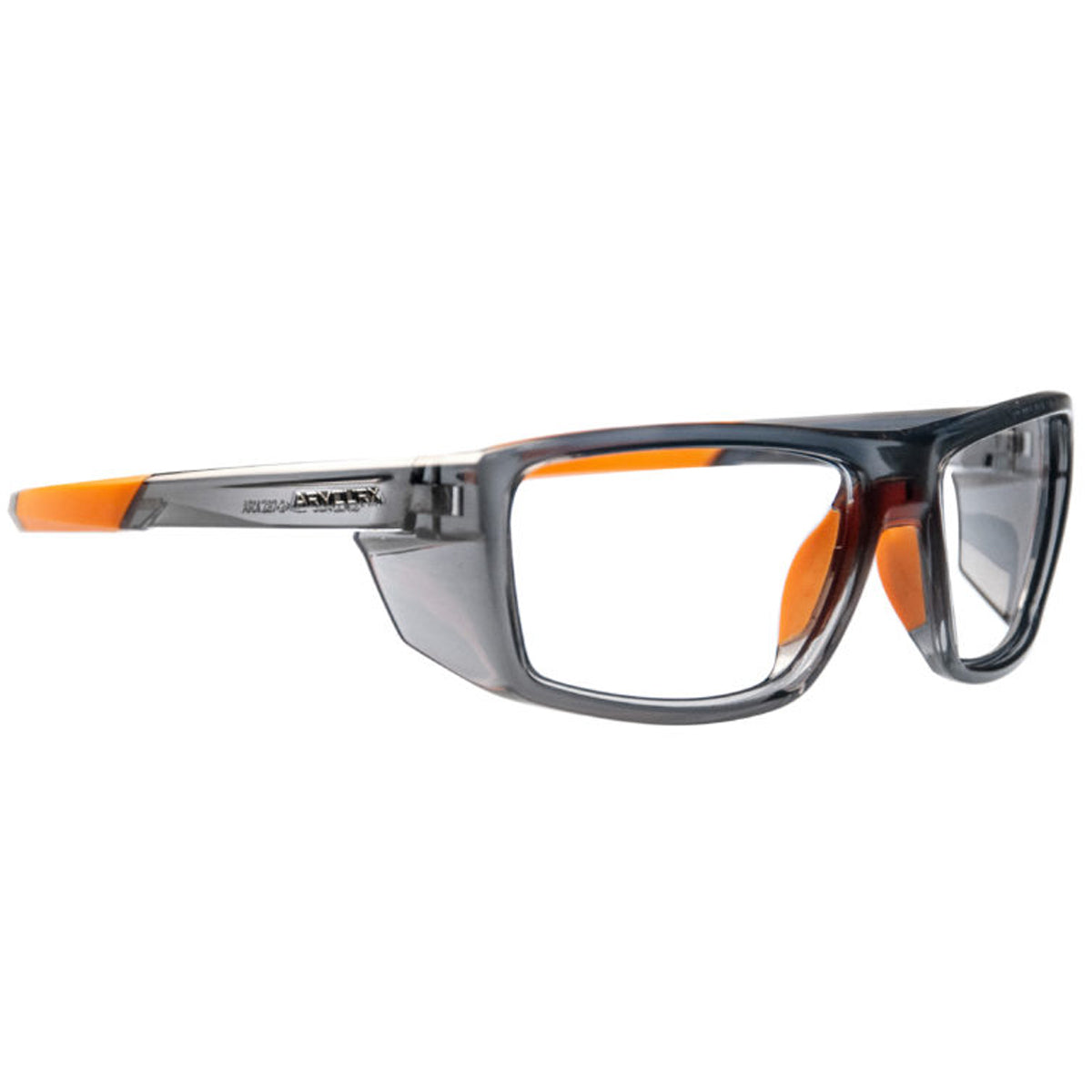 ArmouRx 6019 prescription safety glasses with gray plastic wraparound frames and orange accents.