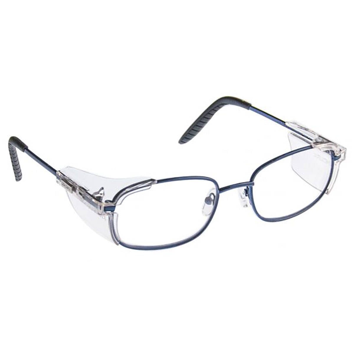 ArmouRx 3002P blue metal rectangle prescription safety glasses with clear permanent side shields.