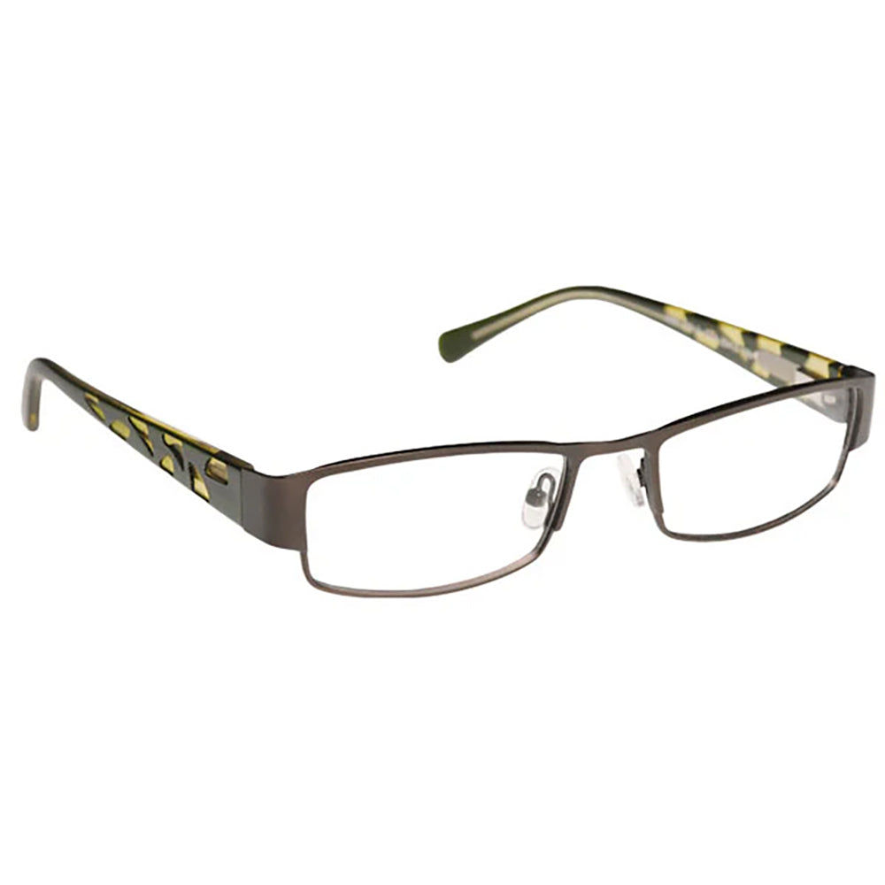 ArmouRx 7017 green rectangular prescription safety glasses with patterned plastic temples.
