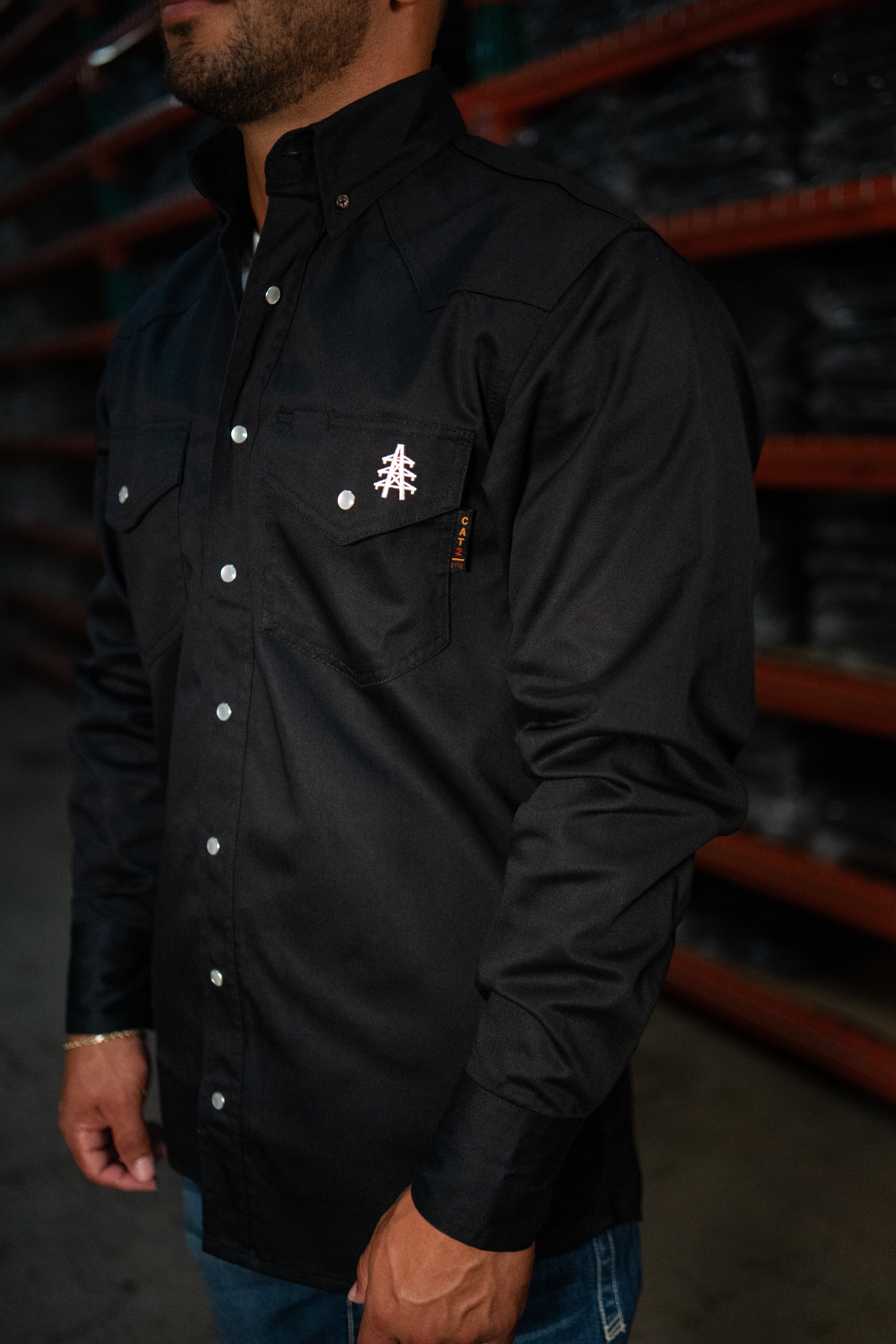 Static FR Flame-Resistant Western Style Pearl Snap Work Shirt - Black