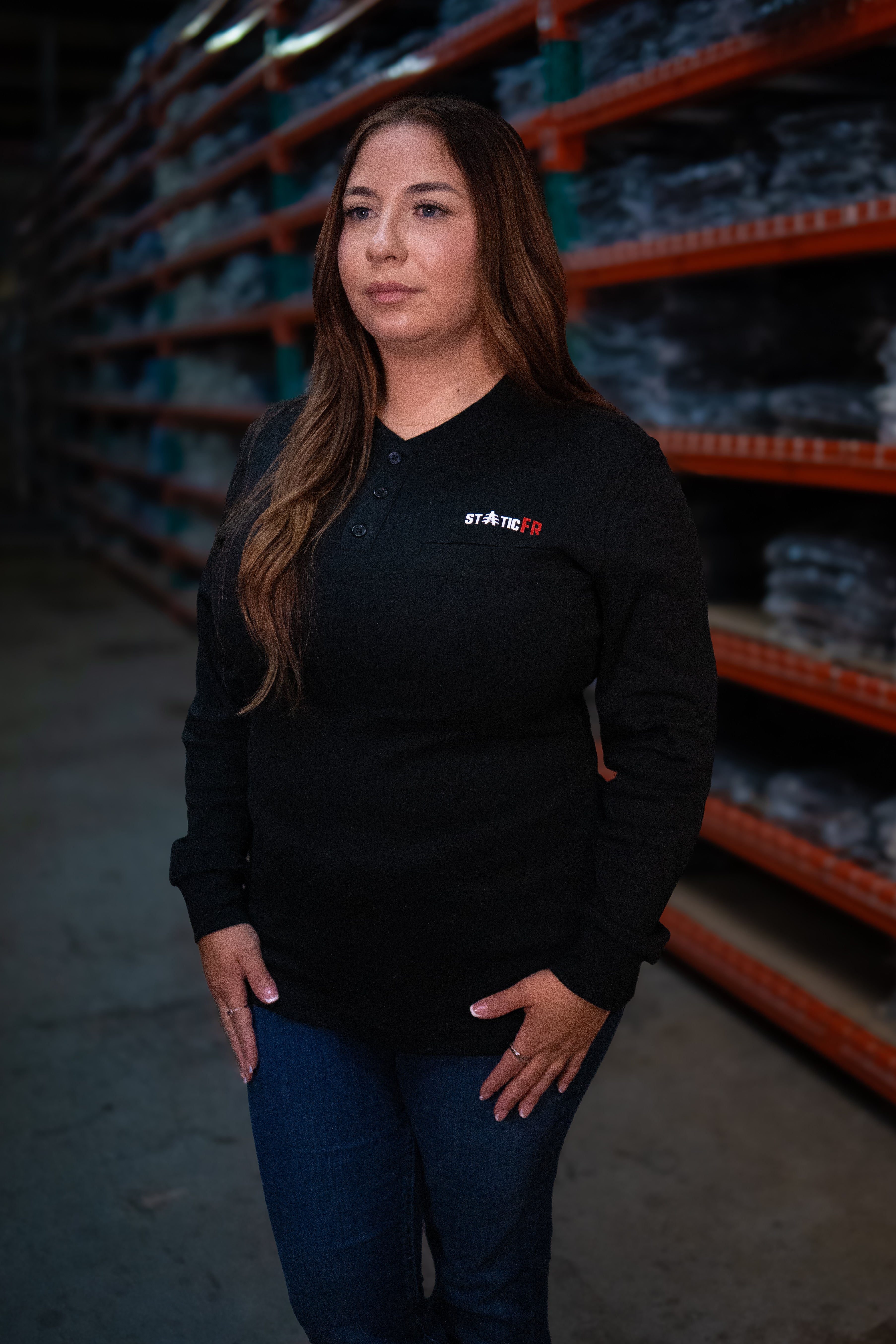 Static FR Women's Flame-Resistant 3-Button Henley Work Shirt - Black