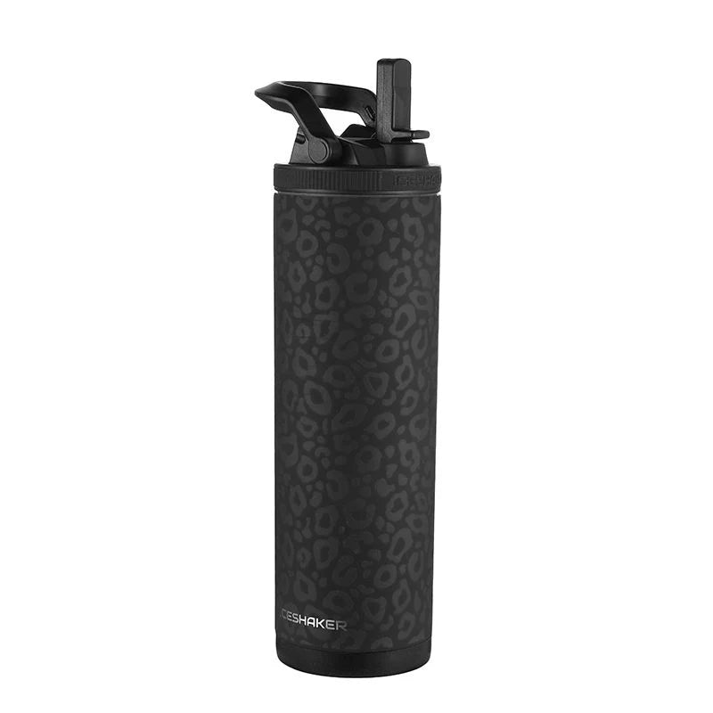 20oz Ice Shaker sport bottle in black with a subtle tonal leopard print pattern and a black flip-top straw lid.