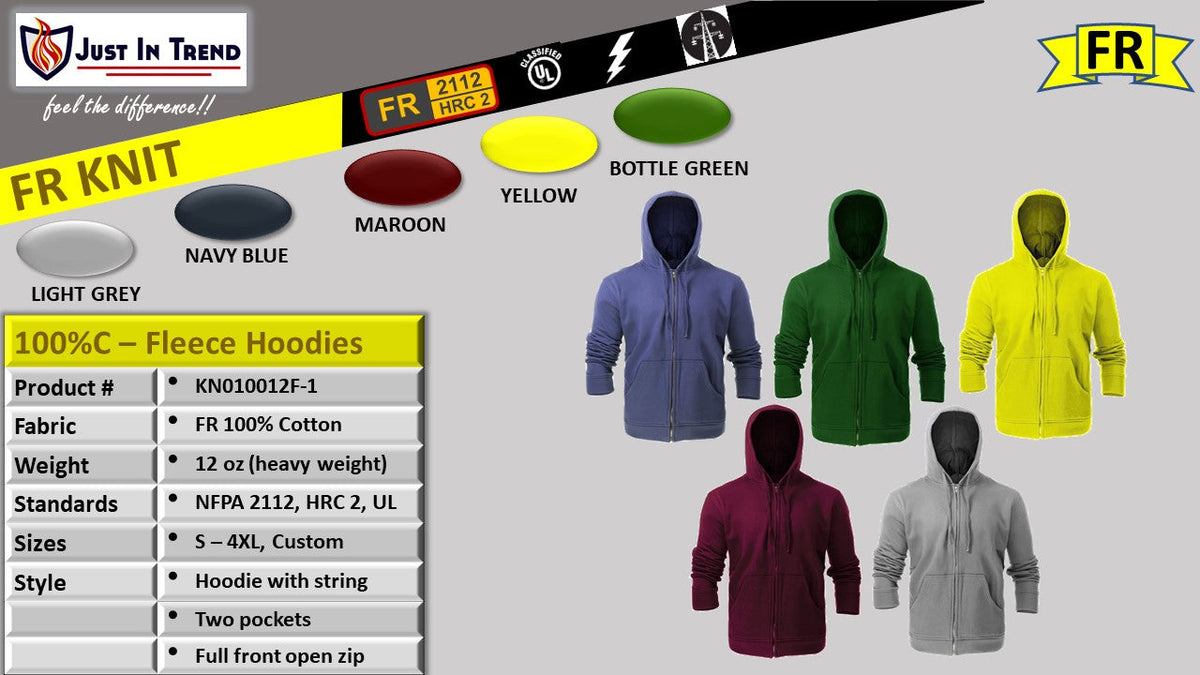 Just In Trend Flame-Resistant 12 oz Fleece Hoodies 100% Cotton