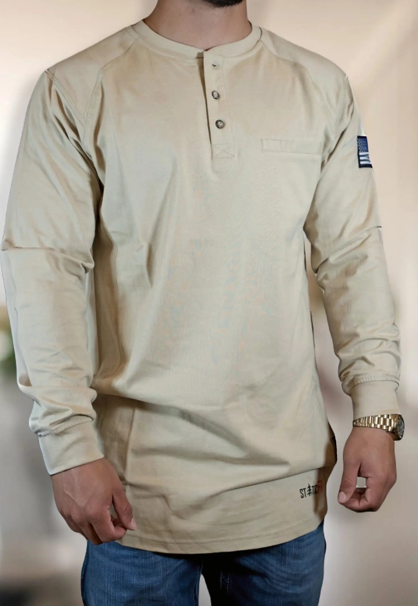 Static FR Flame-Resistant Shirt 3-Button Henley - Tan-Safety Glasses USA-4