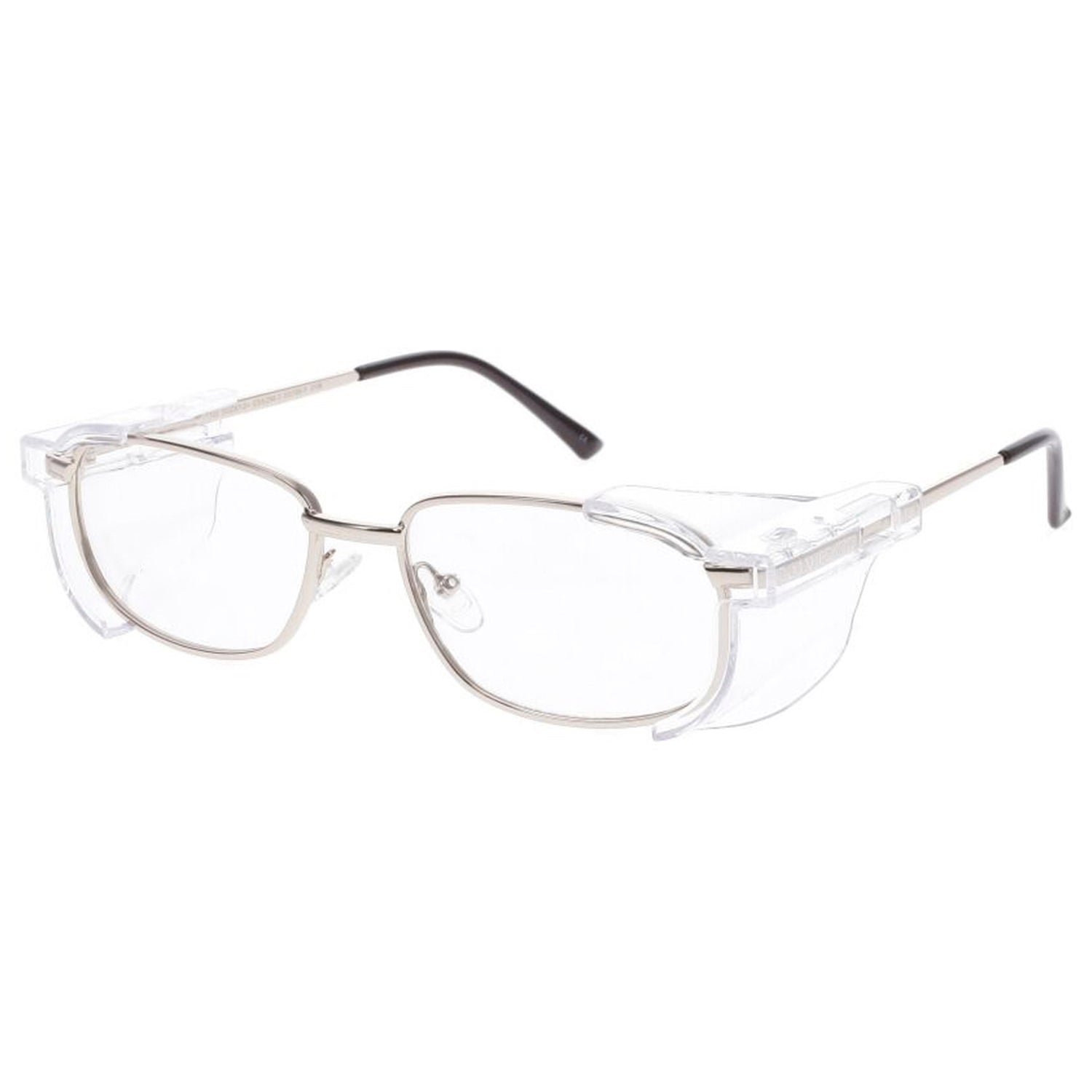 OnGuard OG070EZ prescription safety glasses with a silver rectangular frame, clear lenses, and removable side shields. ANSI Z87.1 certified.