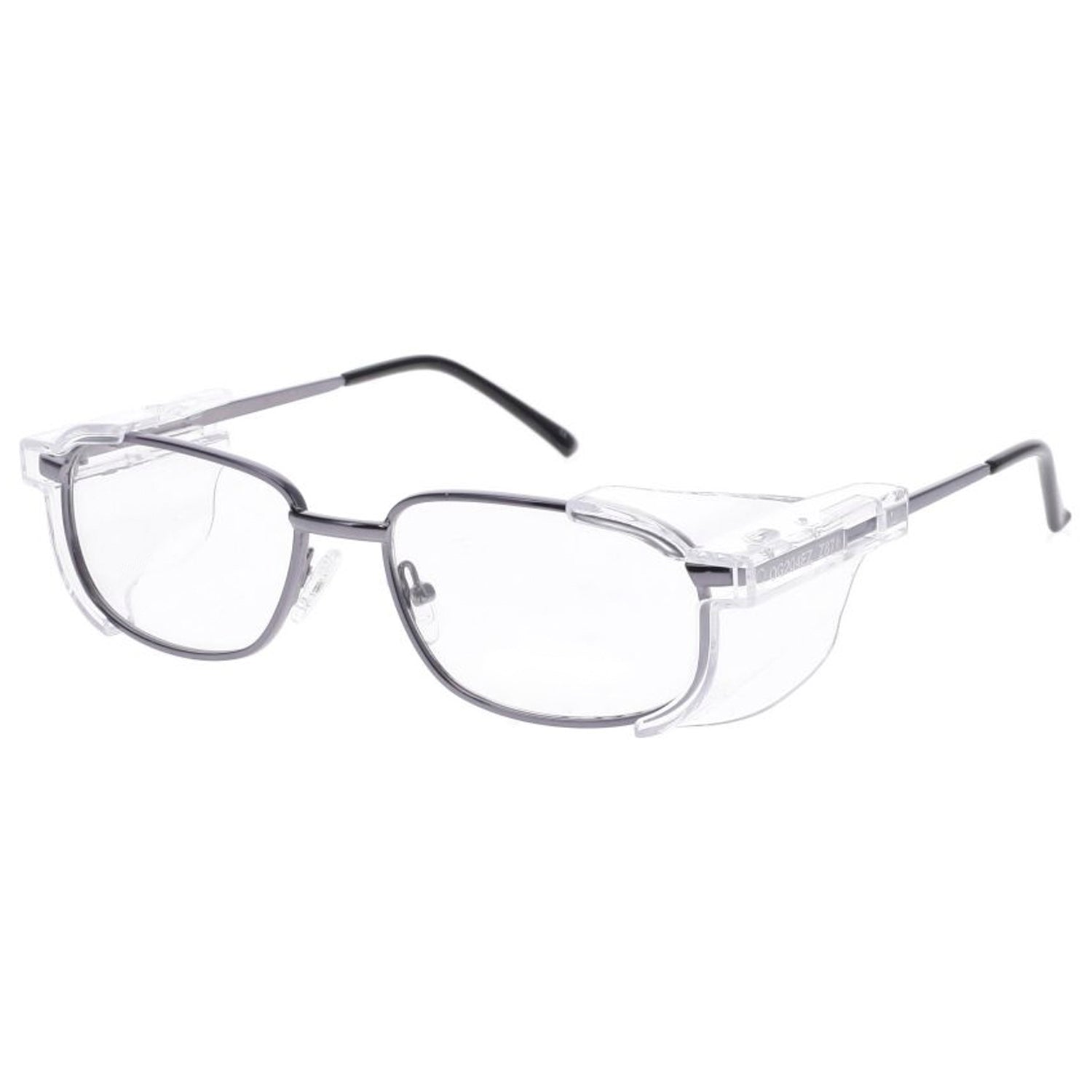Gunmetal full-rim rectangular ANSI Z87.1 prescription safety glasses with clear side shields.