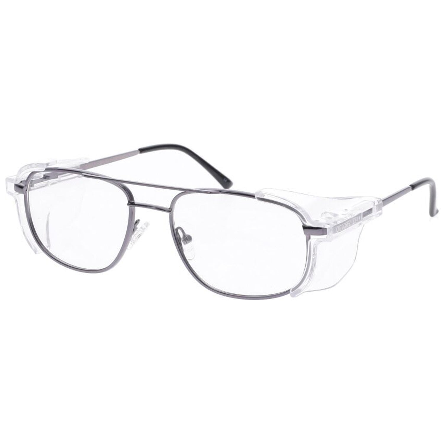 OnGuard OG071EZ prescription safety glasses with a gunmetal rectangular frame, clear lenses, and removable side shields, ANSI Z87.1 certified.