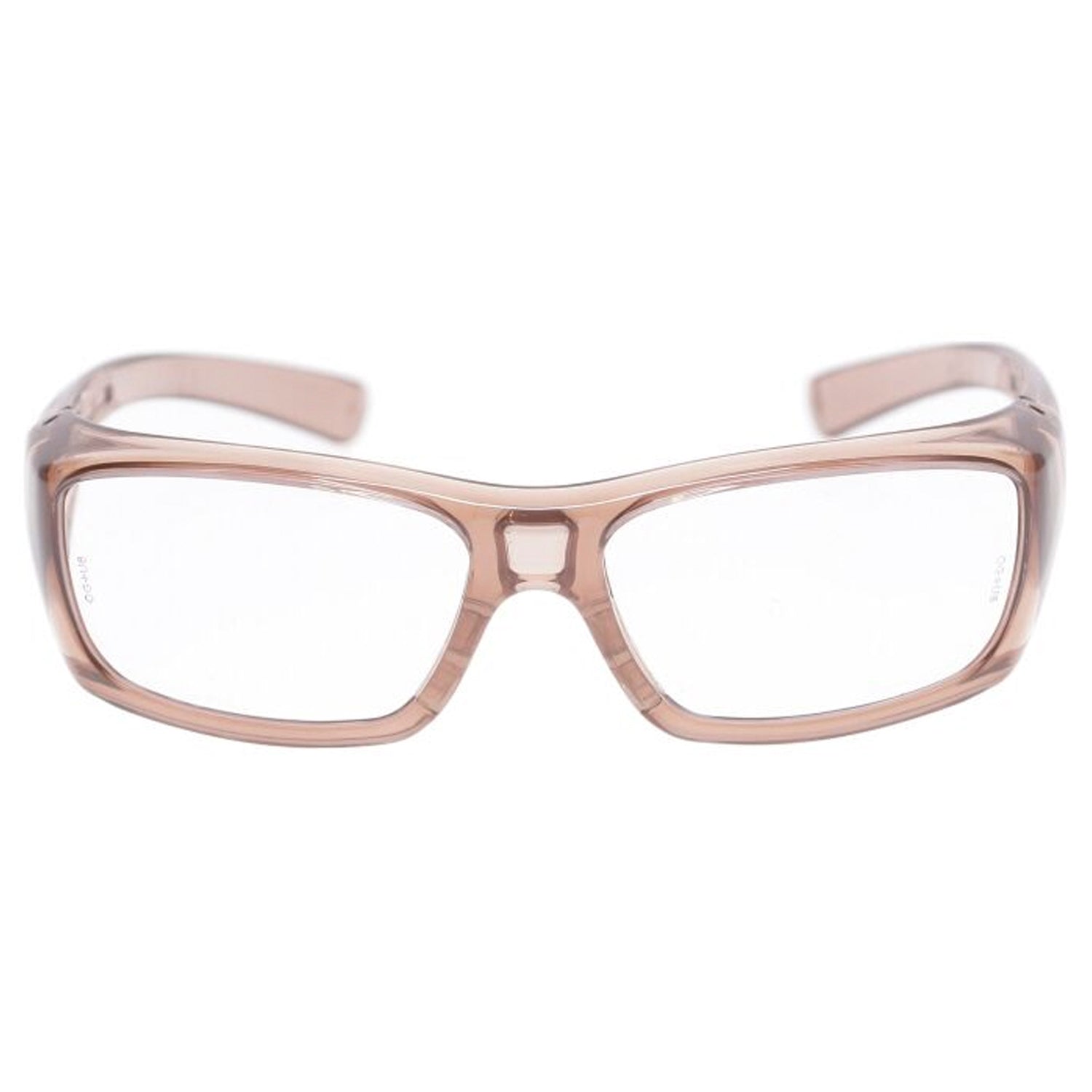 OnGuard OG160S prescription safety glasses with a light brown, wraparound rectangular frame and integrated side shields, ANSI Z87.1 certified.