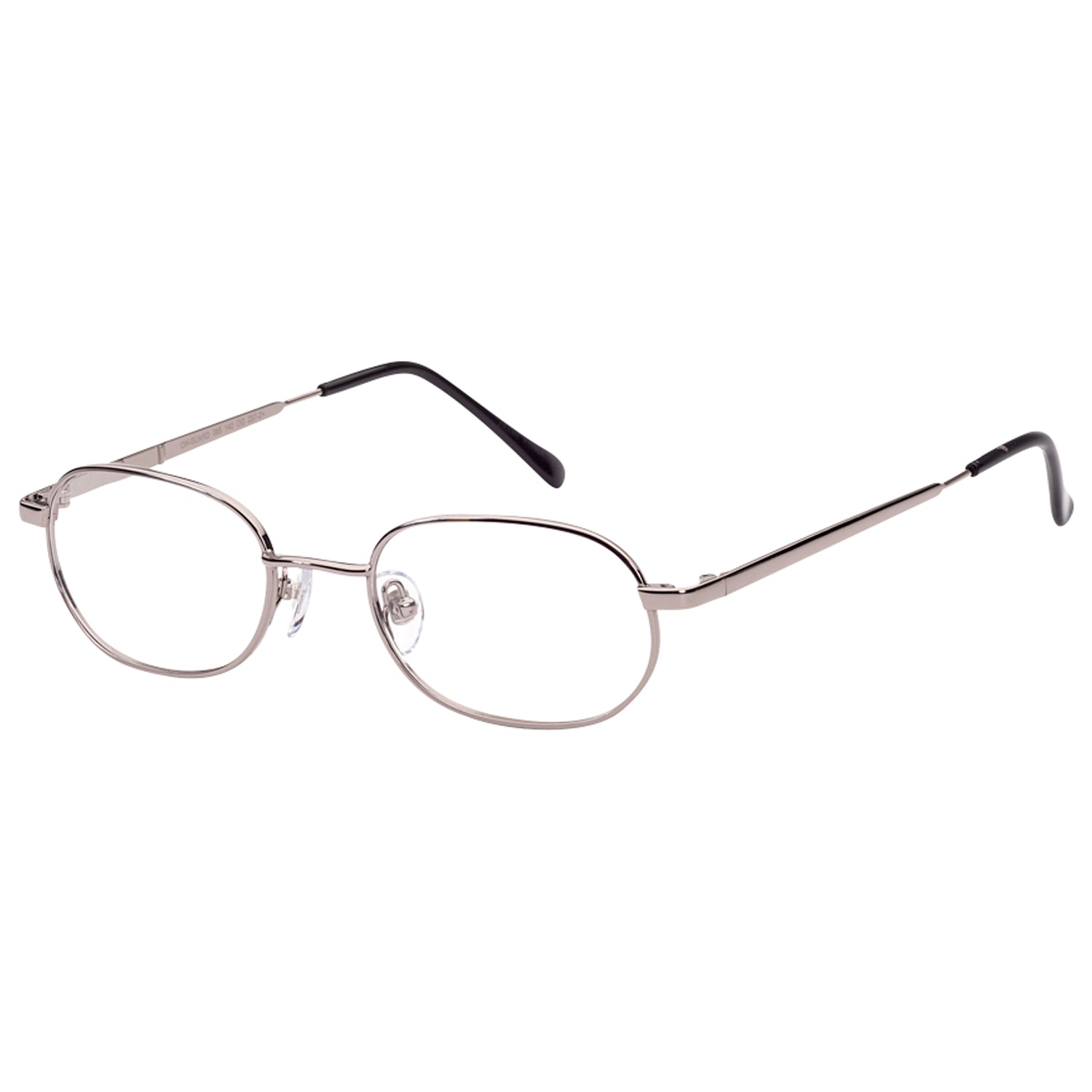 OnGuard OG085EZ Gunmetal prescription safety glasses with oval lenses and black temple tips, ANSI Z87.1 certified.