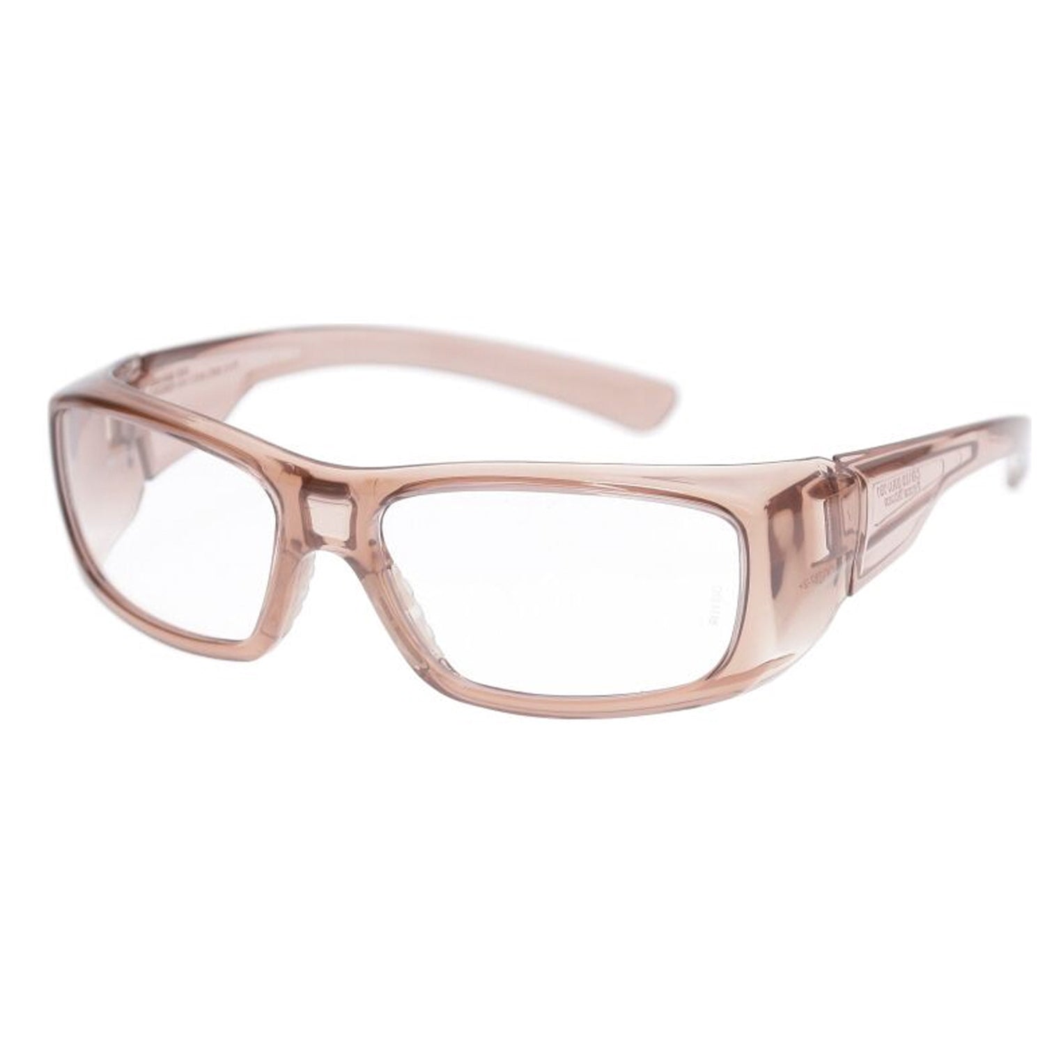 OnGuard OG160S prescription safety glasses with a light brown, wraparound rectangular frame and integrated side shields, ANSI Z87.1 certified.