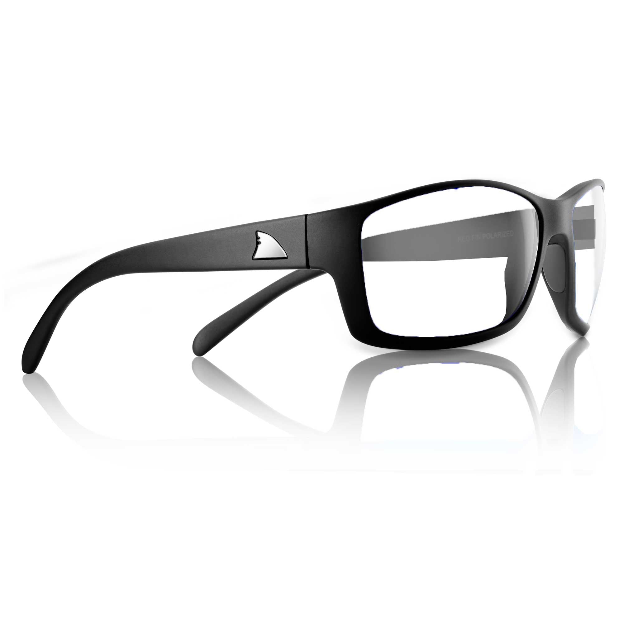 RedFin Outer Banks polarized fishing sunglasses with matte black frames and a silver shark fin logo on the temple.