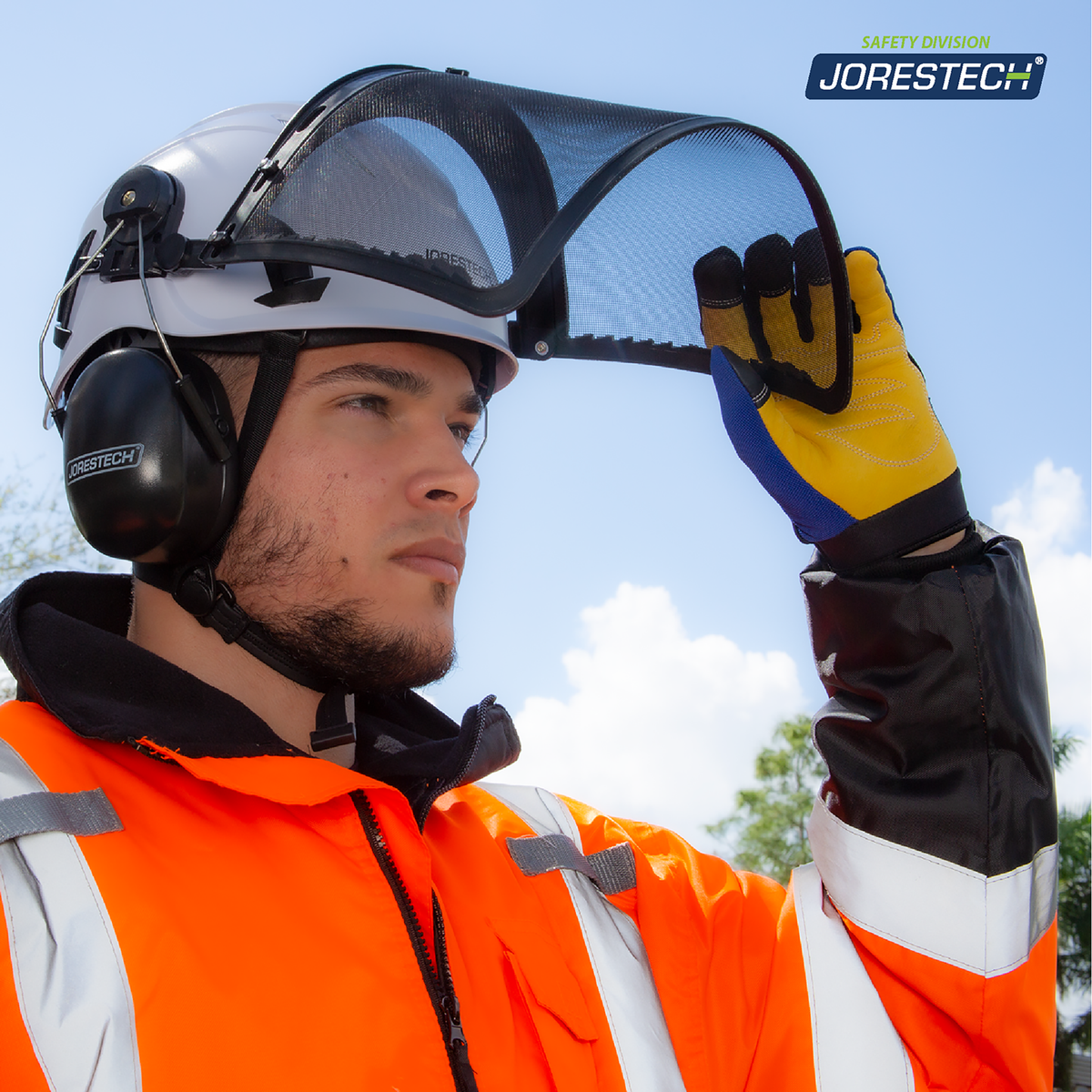Jorestech Safety Helmet System with Iron Mesh Face Shield and Earmuffs