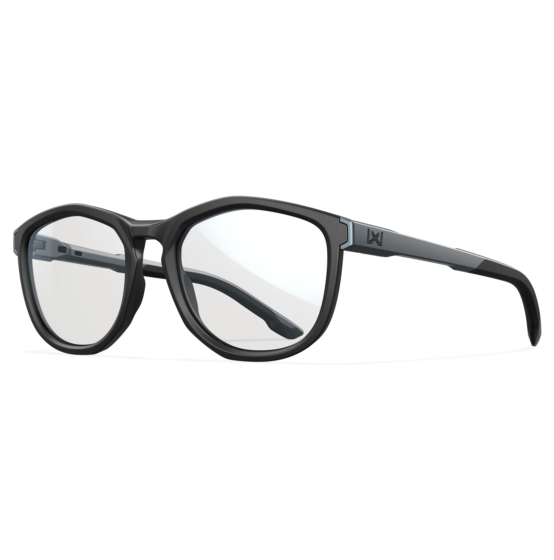 Black Wiley X Bravo prescription safety glasses with gray temples and clear lenses.