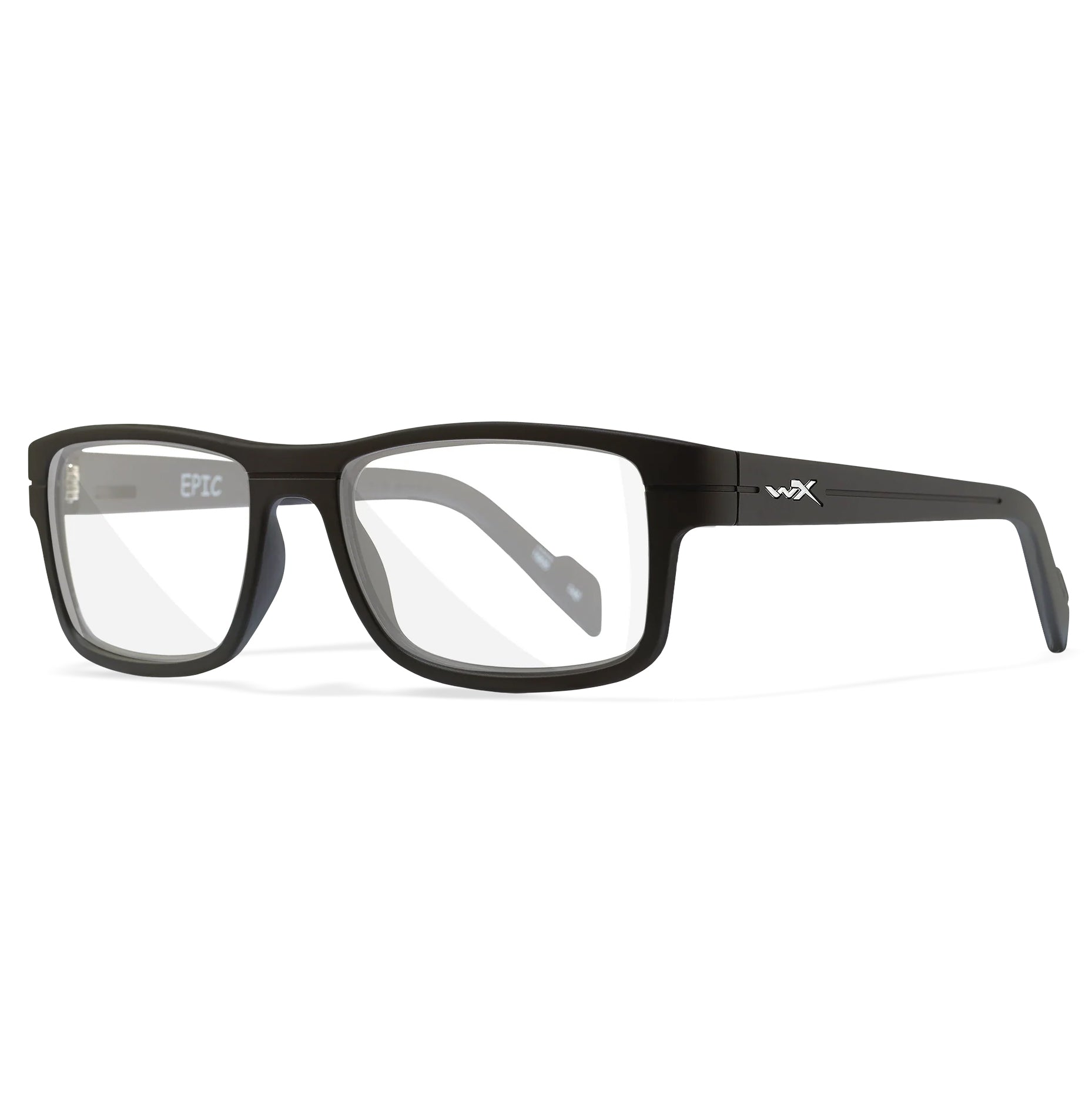 Black Wiley X Epic prescription safety glasses with clear lenses and durable Triloid nylon frames.