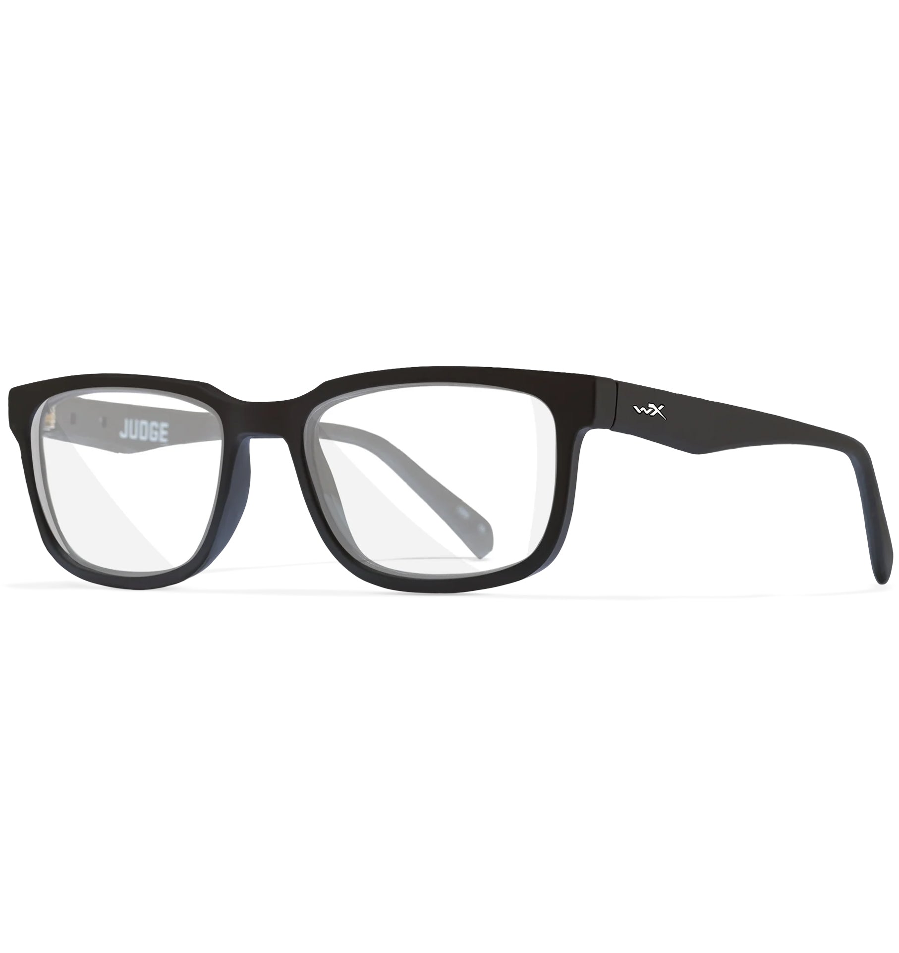 Black Wiley X Judge prescription safety glasses with clear lenses and full Triloid nylon frame.