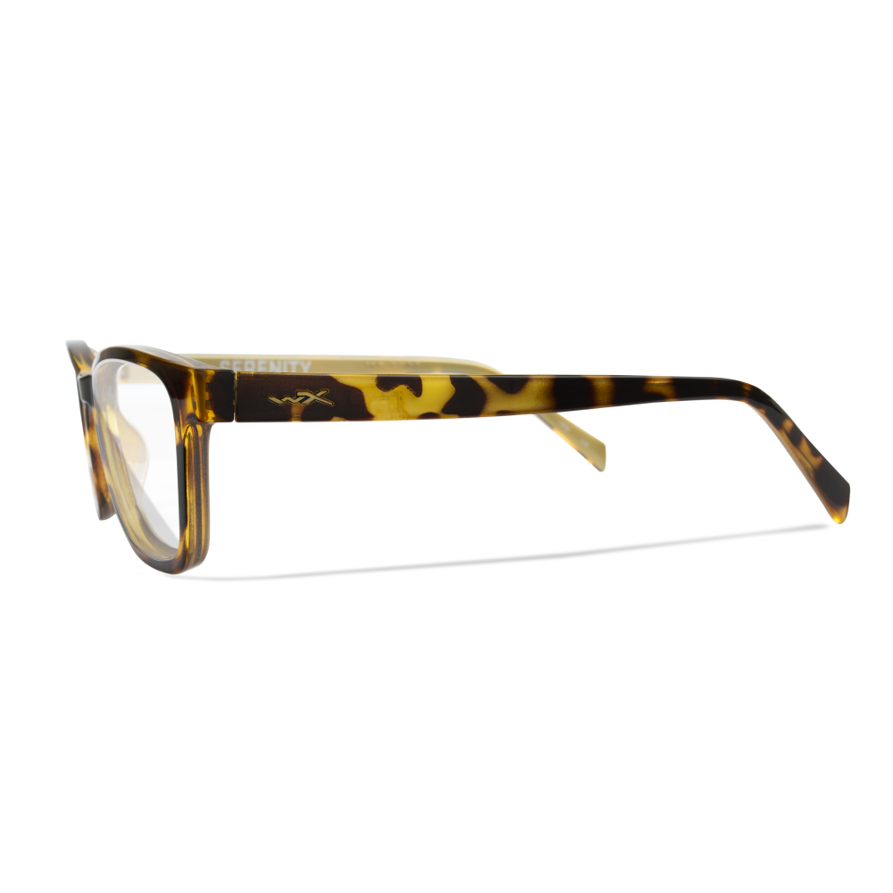 Wiley X Serenity Worksight prescription safety glasses with tortoise Triloid nylon frame and clear lenses.