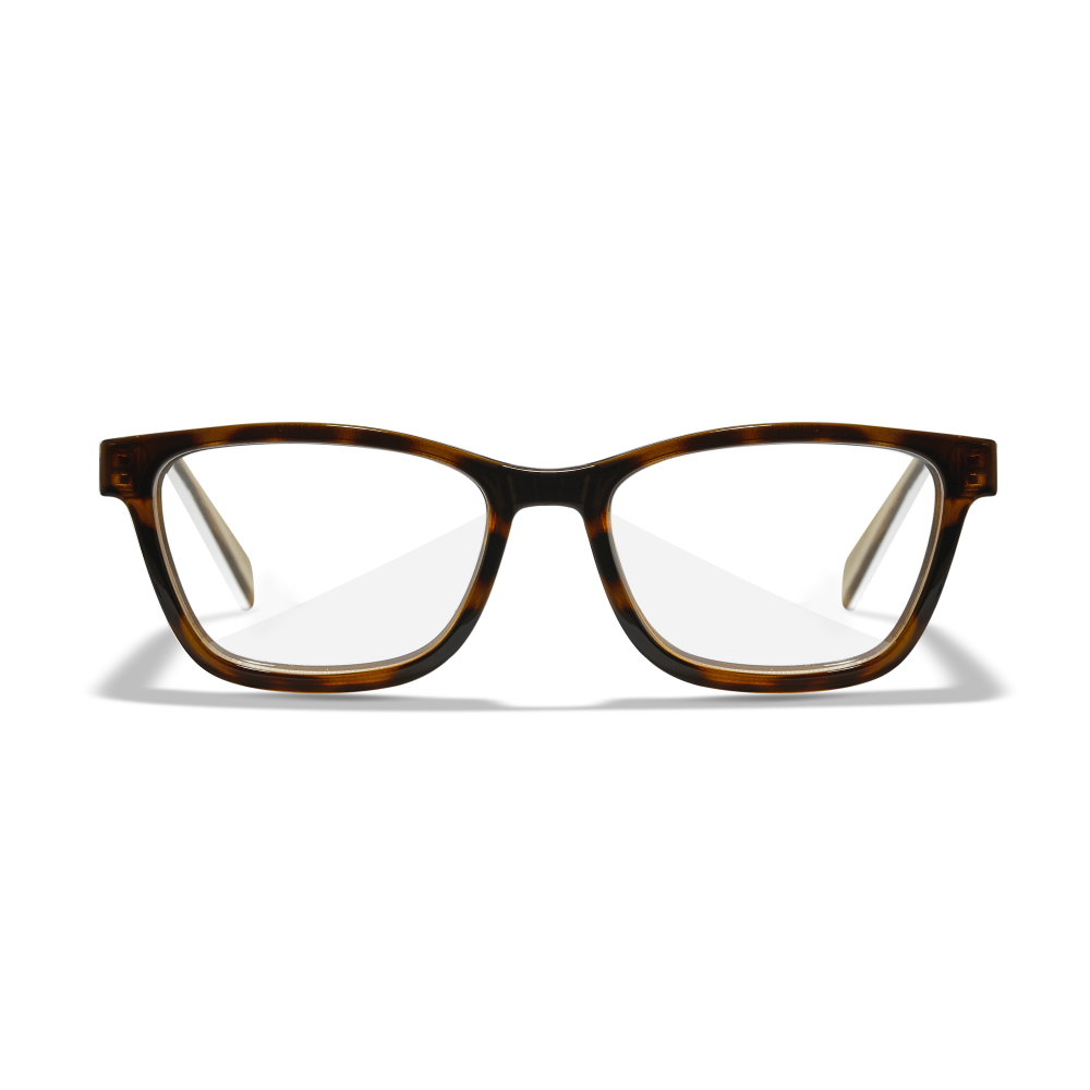 Wiley X Serenity Worksight prescription safety glasses with brown tortoise Triloid nylon frame.