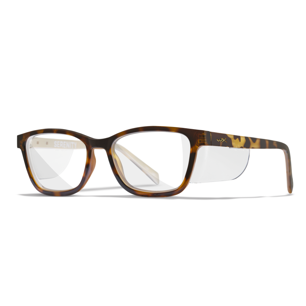 Wiley X Serenity Worksight prescription safety glasses, tortoise frame with clear lenses and removable side shields.