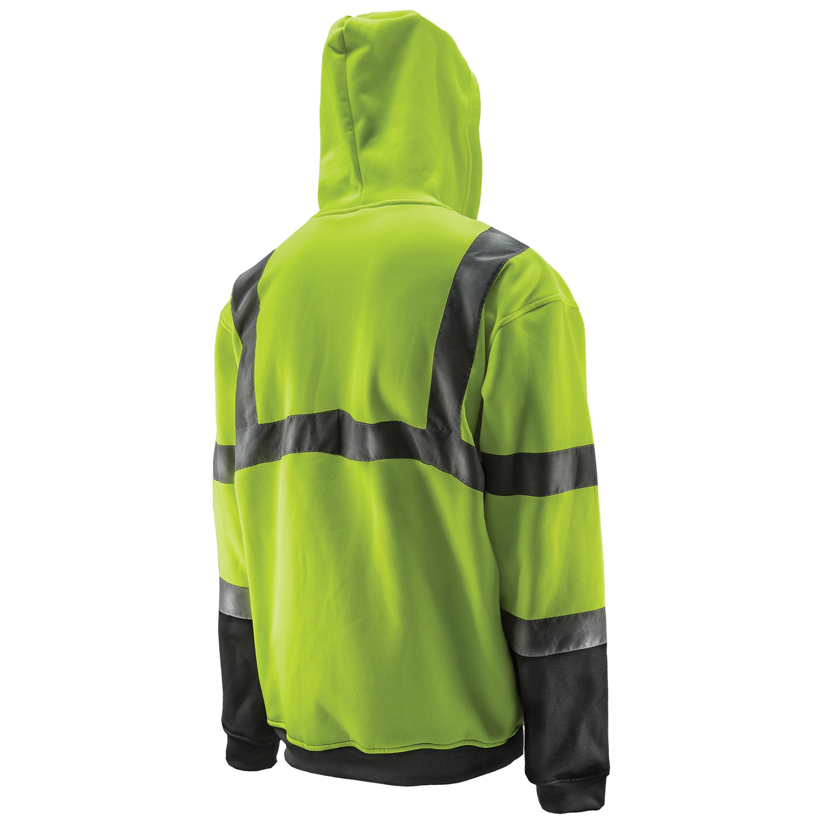 Lift Safety Fleece Hi-Viz Yellow Pro Hoodie with Zipper and reflective stripes back view.