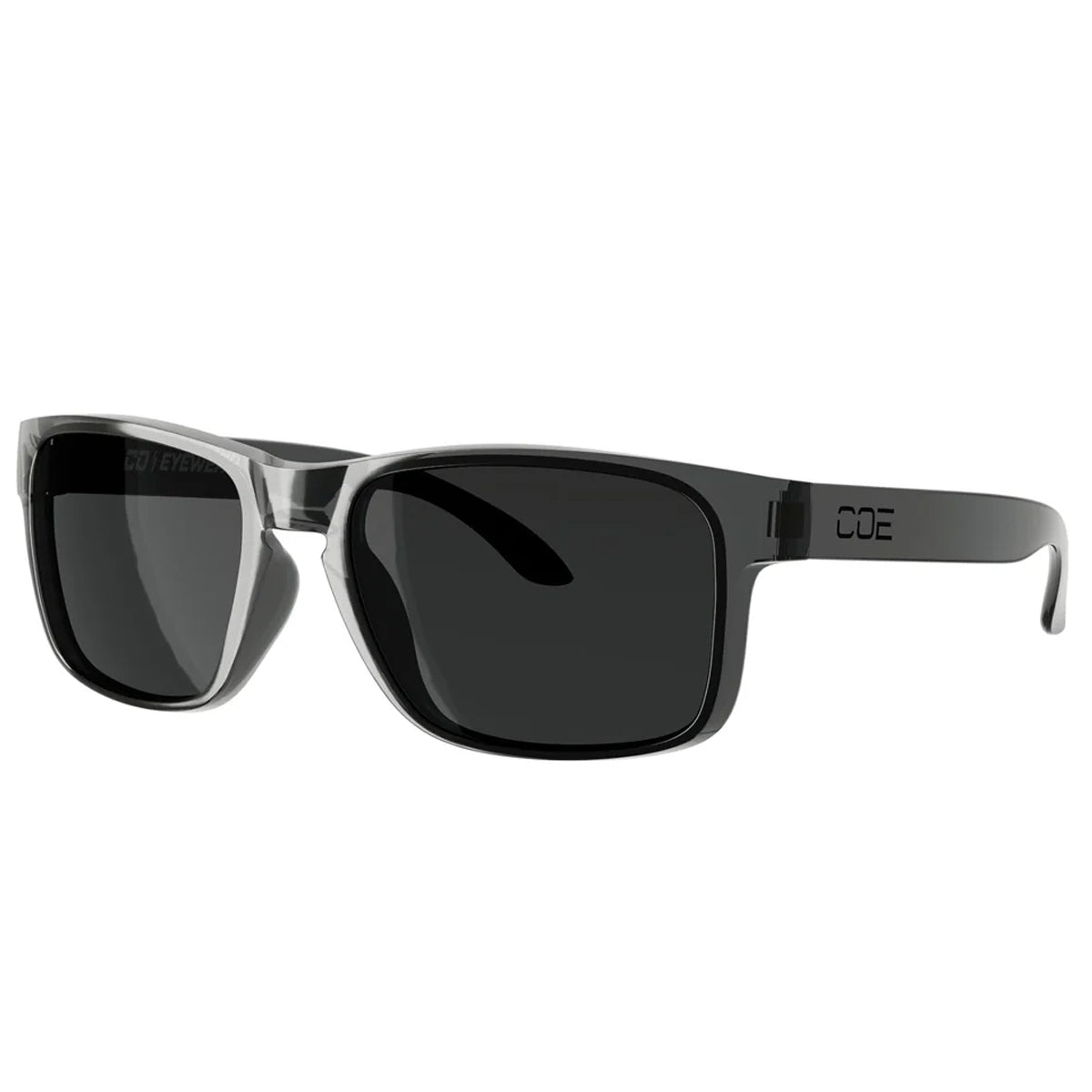 Co Eyewear Loki Z87 safety glasses featuring a sleek matte black frame and dark tinted lenses.