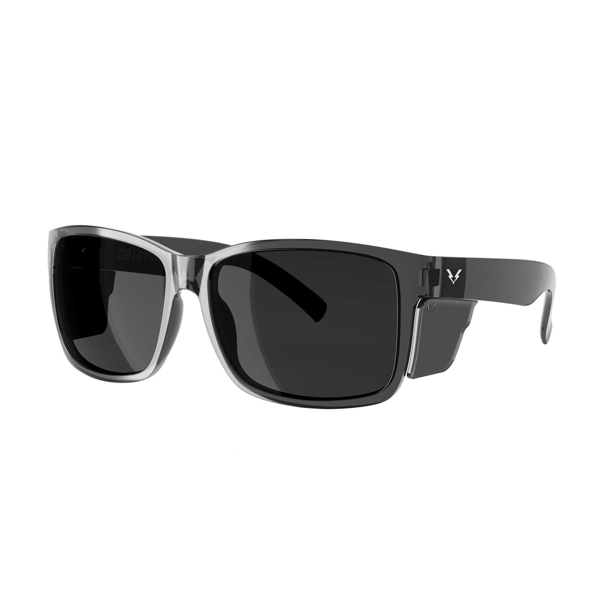 Co Eyewear Oiler XL+ Z87 safety glasses with matte black frames and dark smoke lenses on a white background.