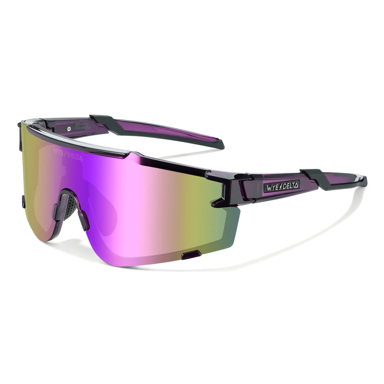 Translucent purple Z87+ safety glasses with polarized, iridescent pink and yellow shield lenses.