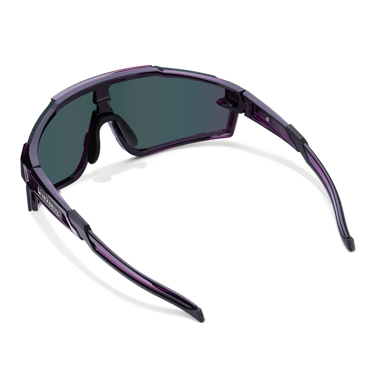 Translucent purple Wye Delta Z87+ safety glasses with dark polarized lenses and a wraparound frame design.