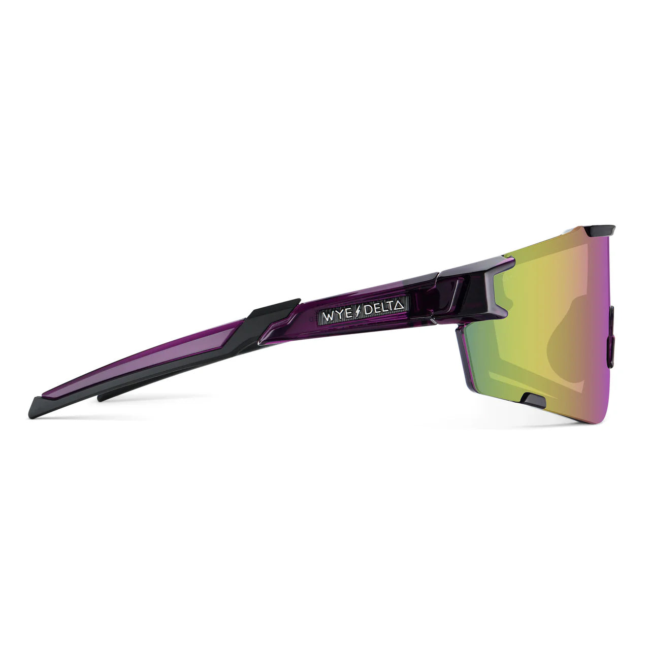 Translucent purple Wye Delta safety glasses with a sleek wrap-around frame and reflective polarized lenses.
