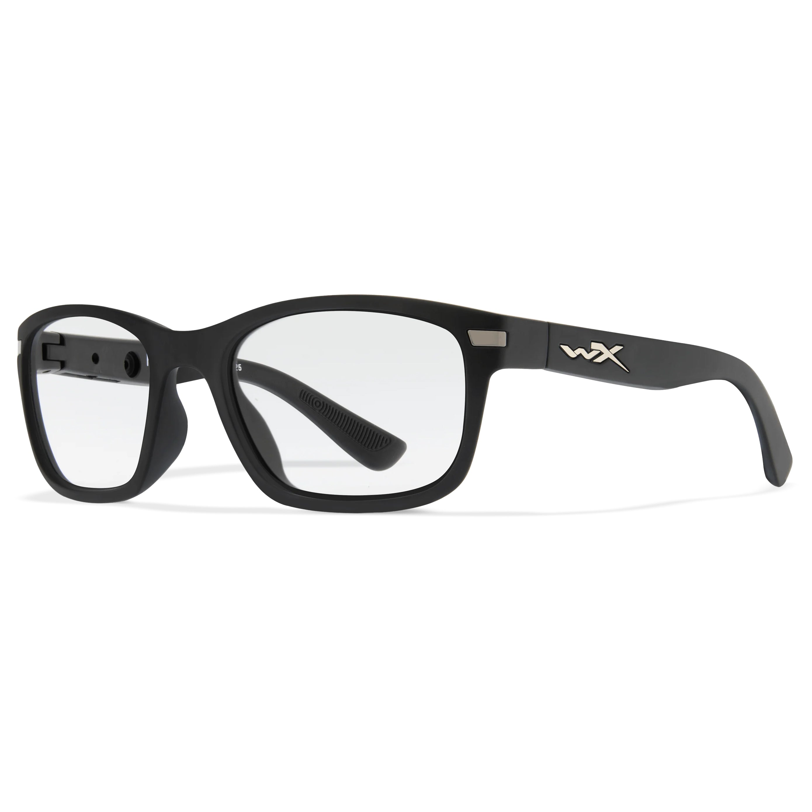 Matte black Wiley X Helix prescription safety glasses with clear lenses and removable side shields, ANSI Z87.1 certified.