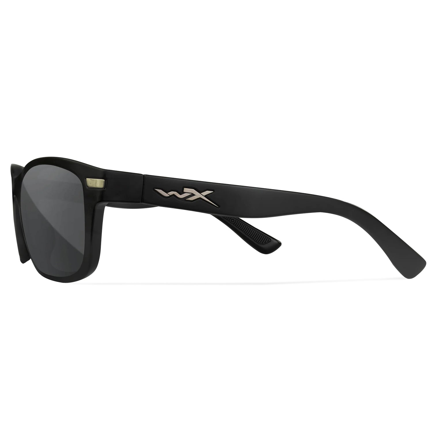 Matte black Wiley X Helix prescription safety glasses with dark lenses and WX logo, ANSI Z87.1 certified.