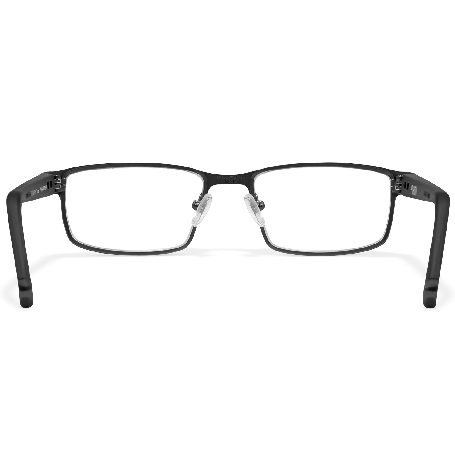 Matte black Wiley X Fusion prescription safety glasses with clear lenses, metal frame, and adjustable temples, meeting ANSI Z87.1.
