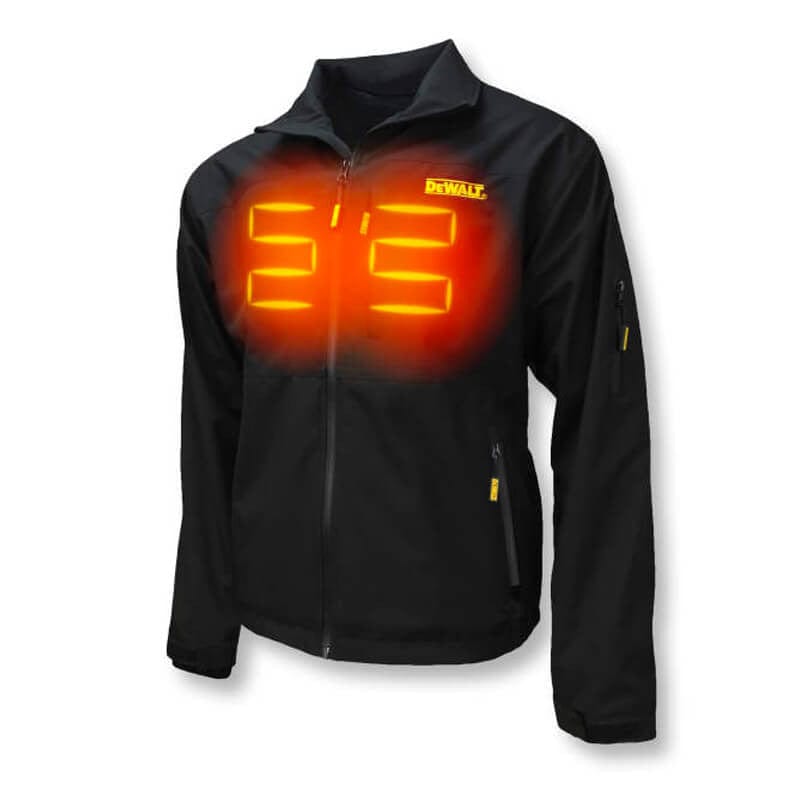DEWALT Unisex Heated Structured Soft Shell Jacket Black With Battery & Charger - Front View with Heat Zones