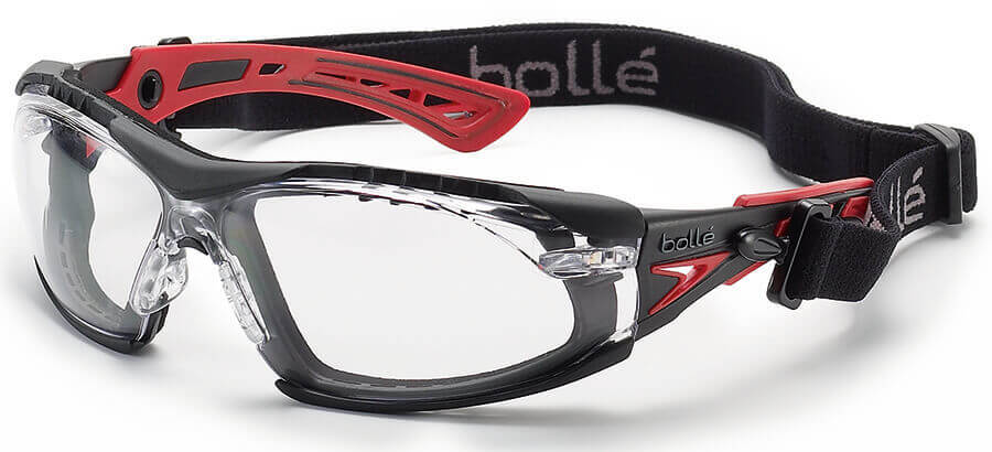 Bolle Rush Plus Safety Glasses with optional foam gasket and elastic head strap installed