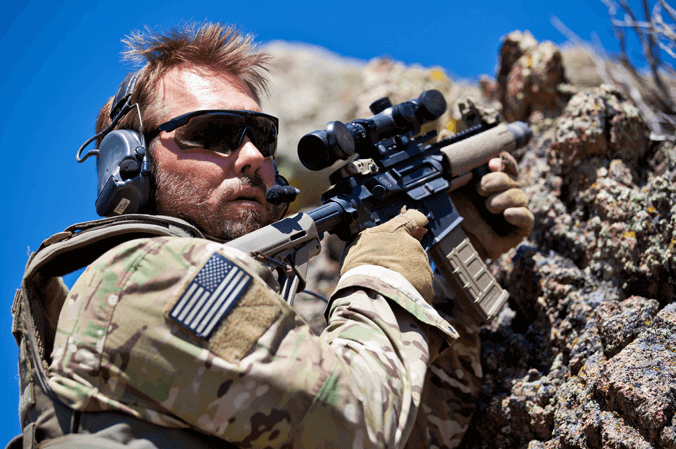 Soldier wearing ballistic-rated eyewear